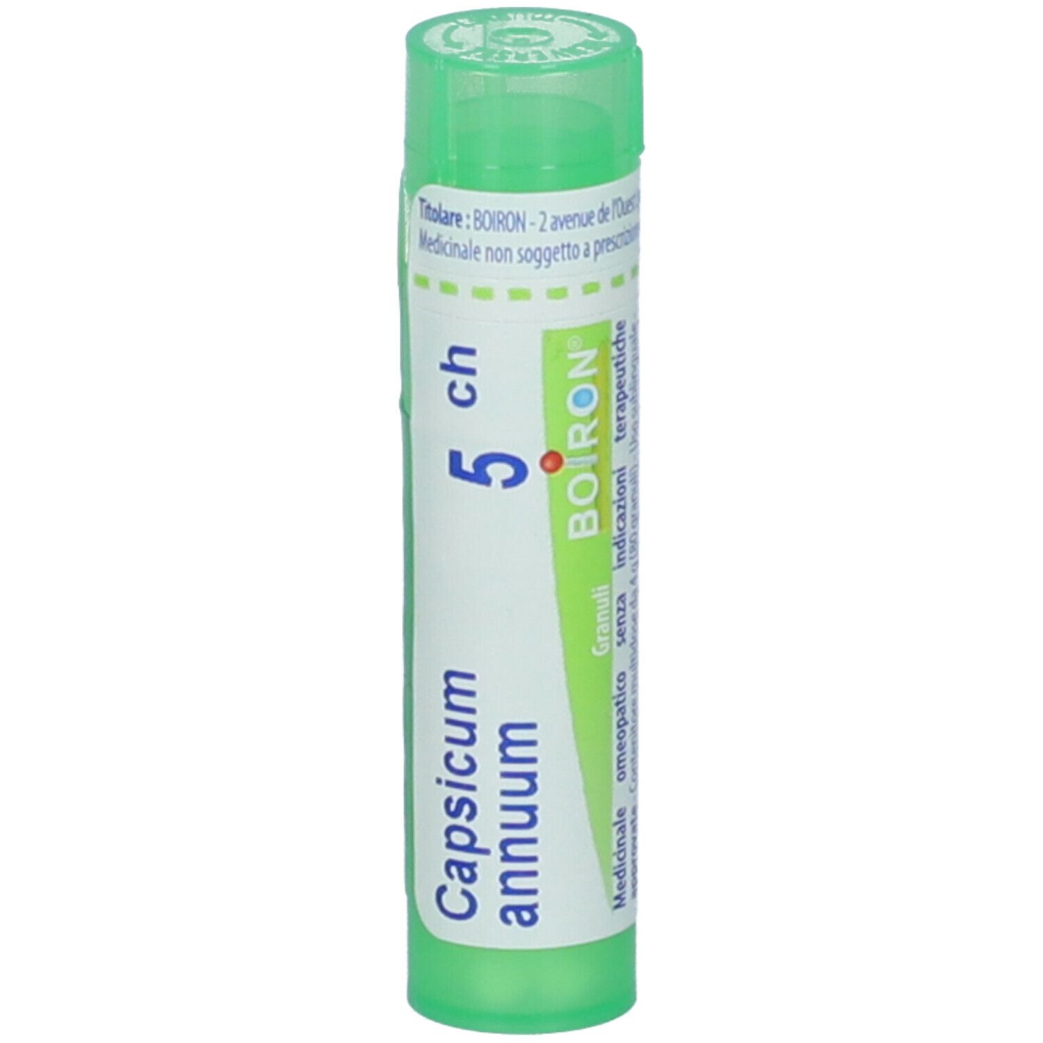 Contenitore multidose cilindrico verde. Scritte: Capsicum annuum, 5 ch, BOIRON. Indicazioni mediche.