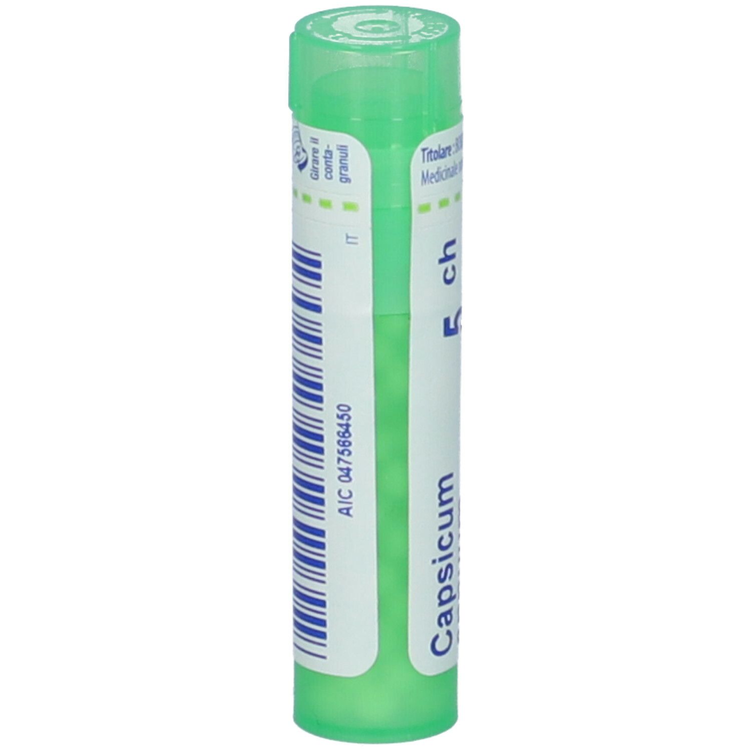 Contenitore multidose cilindrico verde. Scritte: Capsicum, 5 ch. Stampa: Codice AIC, IT.
