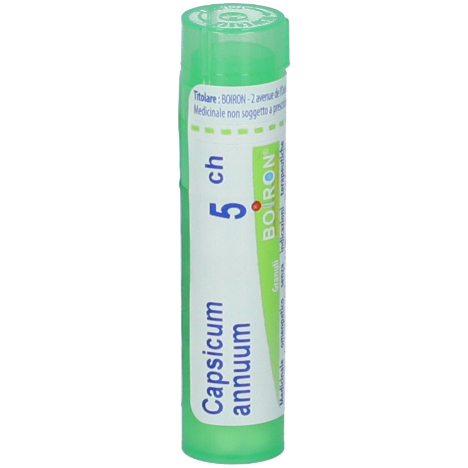 Contenitore multidose cilindrico verde. Scritte: Capsicum annuum, 5 ch, BOIRON. Indicazioni mediche.