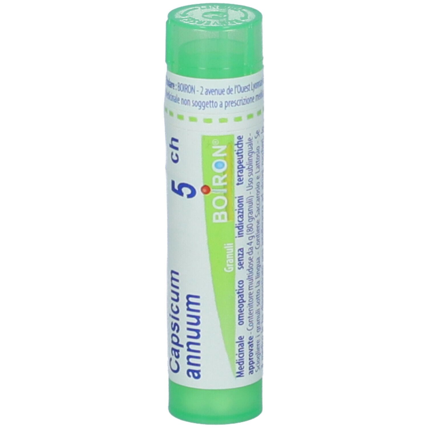 Contenitore multidose cilindrico verde. Scritte: Capsicum annuum, 5 ch, BOIRON. Indicazioni terapeutiche.