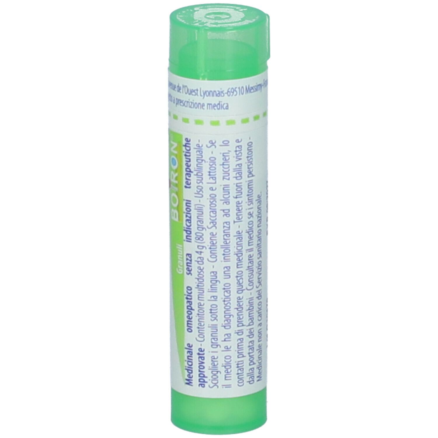 Contenitore multidose cilindrico verde. Scritte: Capsicum annuum, 5 ch, BOIRON. Informazioni mediche.