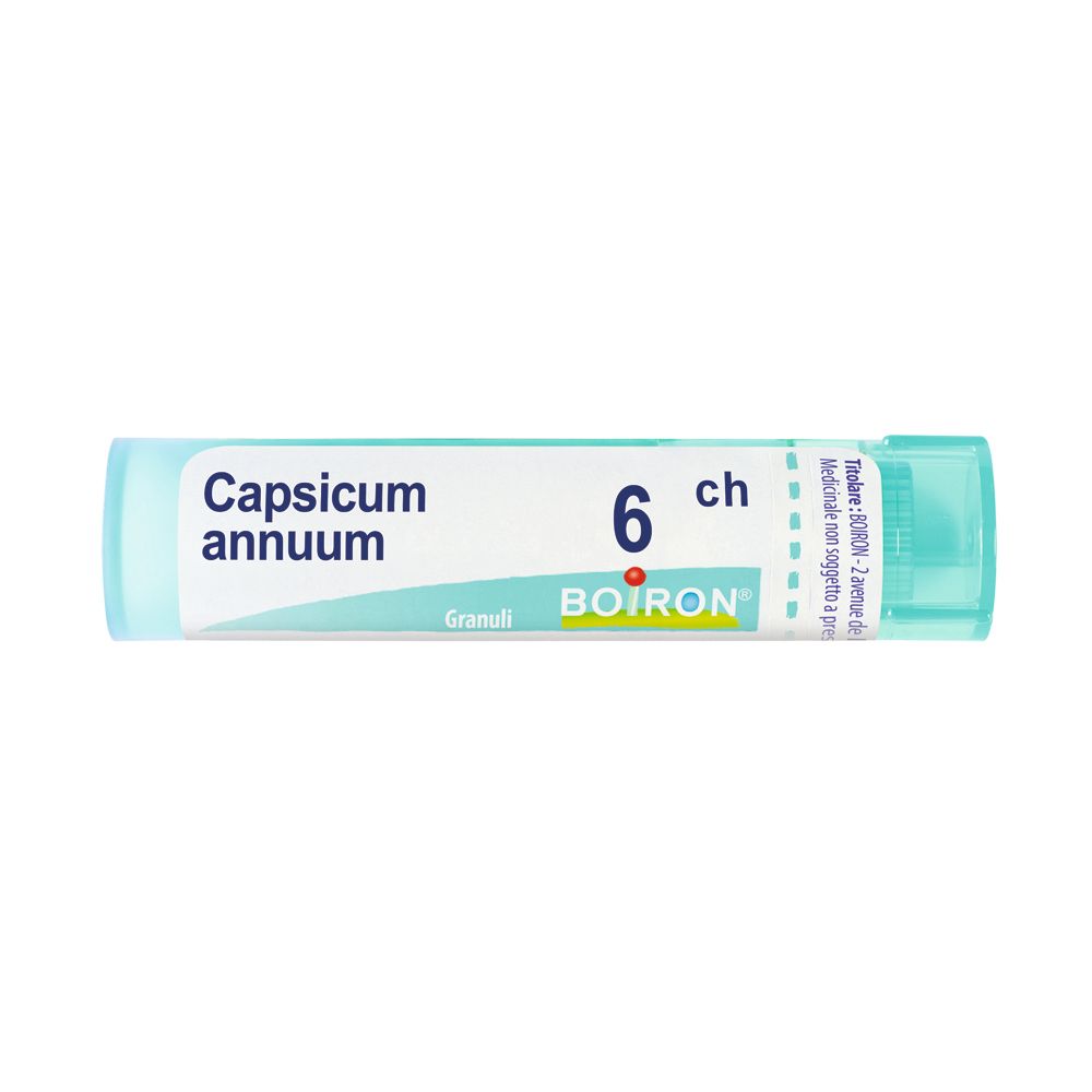 Confezione cilindrica con scritta Capsicum annuum, 6 ch e BOIRON. Colori verde e bianco.