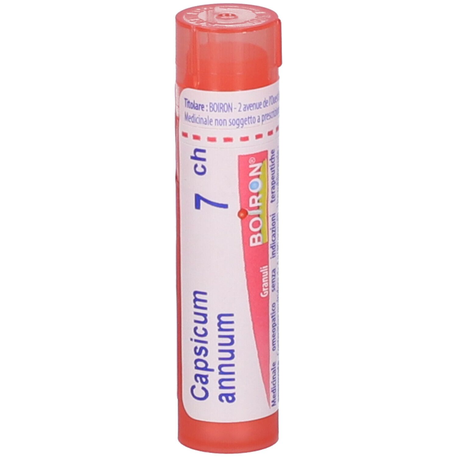 Confezione cilindrica con scritta Capsicum annuum 7 ch e logo BOIRON. Tappo arancione.