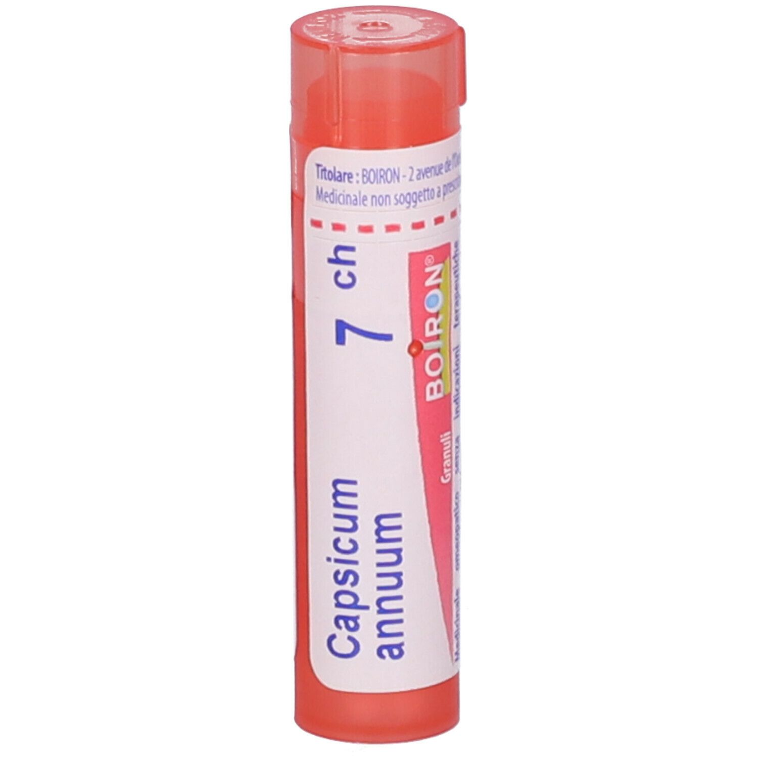 Confezione cilindrica con scritta Capsicum annuum 7 ch e logo BOIRON. Tappo arancione.