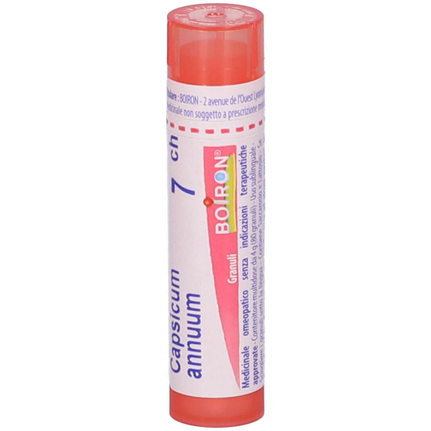 Confezione cilindrica con scritta Capsicum annuum 7 ch e logo BOIRON. Tappo arancione.