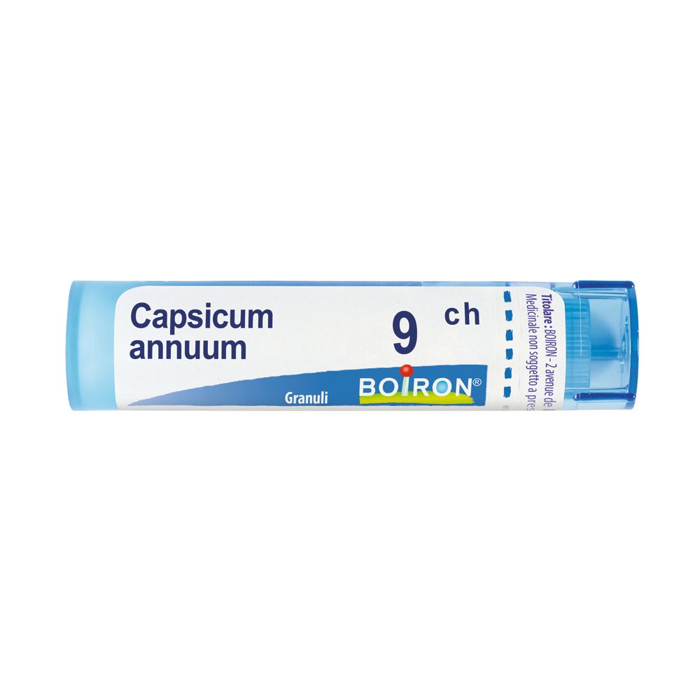 Tubo blu e bianco con scritta Capsicum annuum, 9 ch, Granuli e logo Boiron.