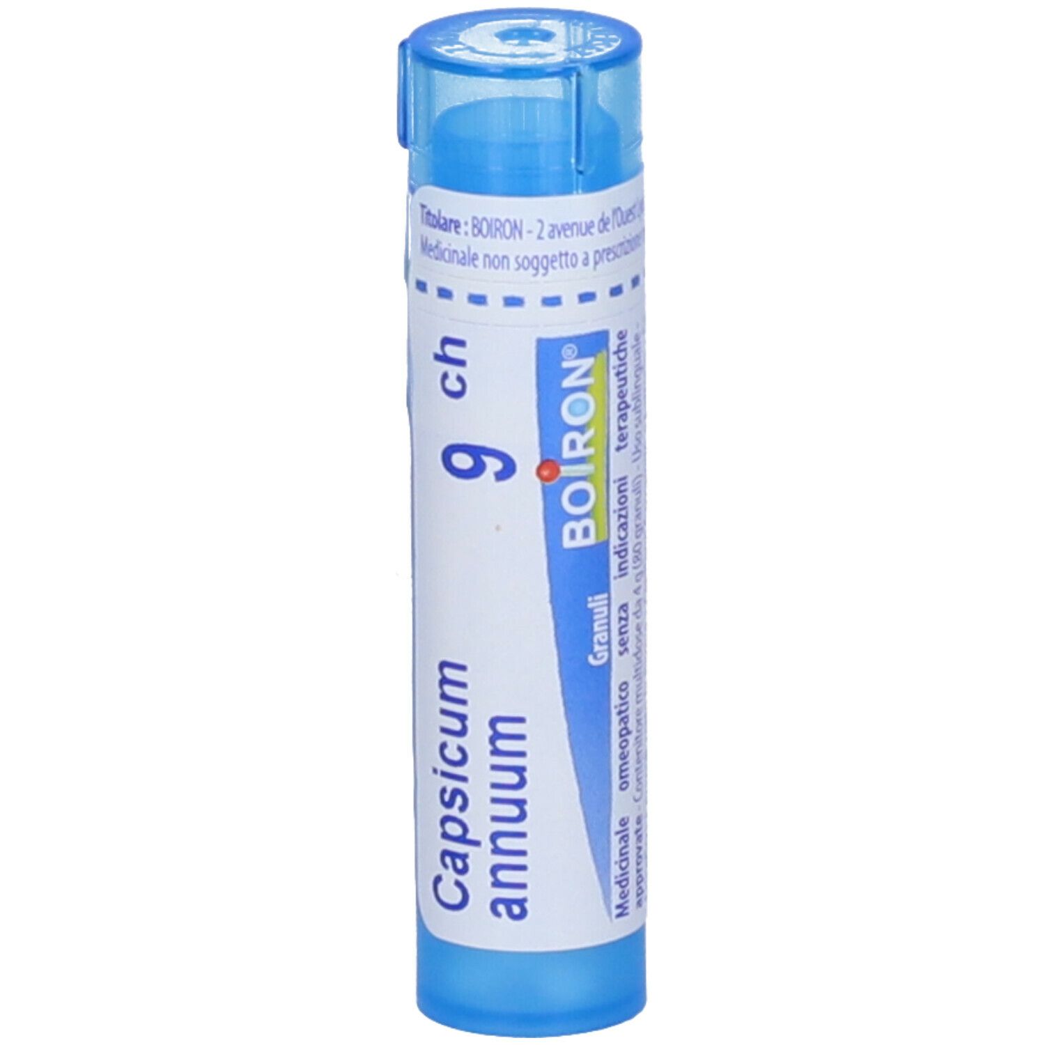 Tubo blu con scritta bianca: Capsicum annuum, 9 ch, logo Boiron, Granuli.
