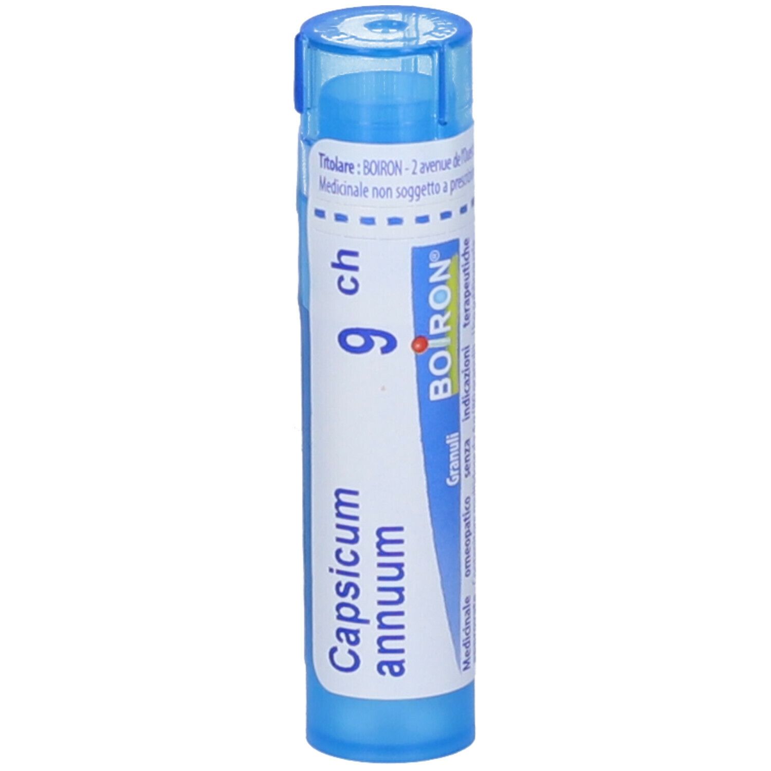 Tubo blu con scritta bianca: Capsicum annuum, 9 ch, logo Boiron, Granuli.
