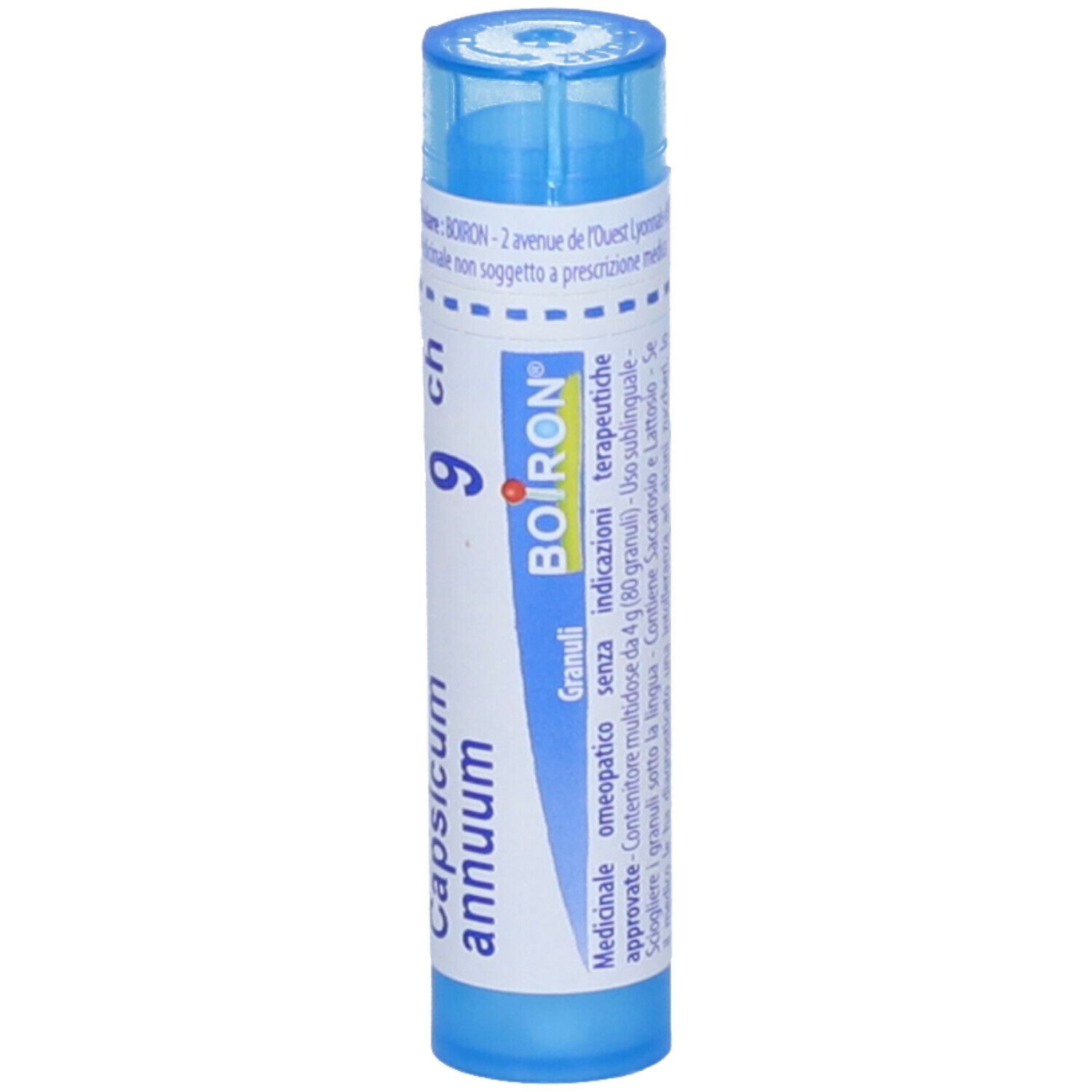 Tubo blu con scritta bianca: Capsicum annuum, 9 ch, logo Boiron, Granuli.