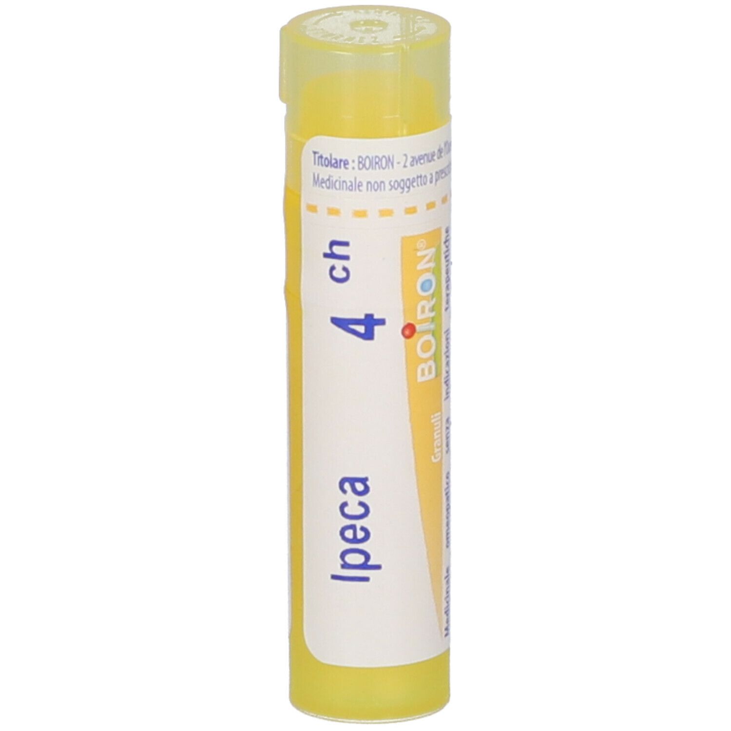 Tubo giallo di granuli con etichetta bianca. Scritta: Ipeca 4 ch, Boiron. Granuli.