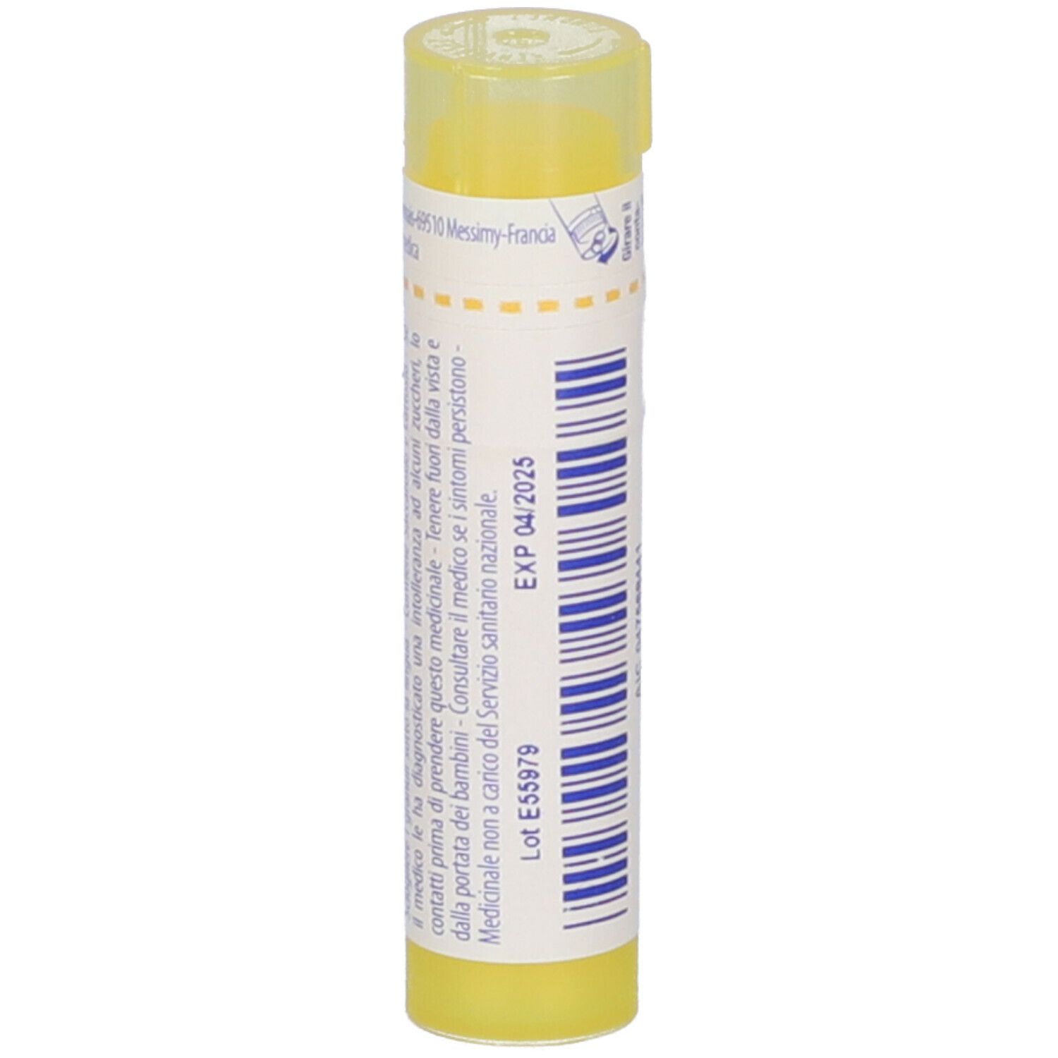 Tubo giallo di granuli con etichetta bianca. Scritta: Ipeca 4 ch. Scadenza: 04/2025.