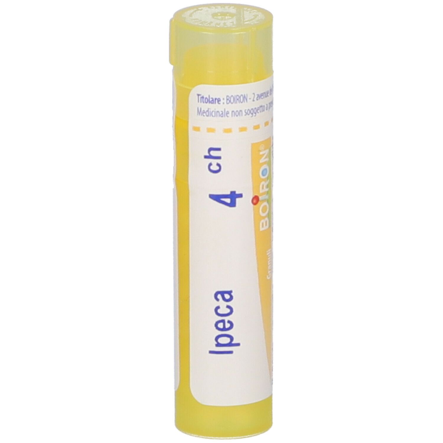 Tubo giallo di granuli con etichetta bianca. Scritta: Ipeca 4 ch, Boiron. Granuli.