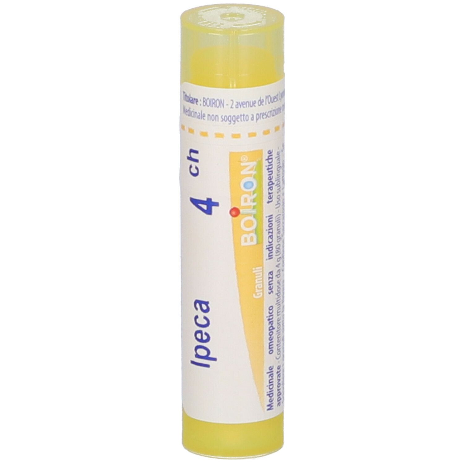 Tubo giallo di granuli con etichetta bianca. Scritta: Ipeca 4 ch, Boiron. Granuli.