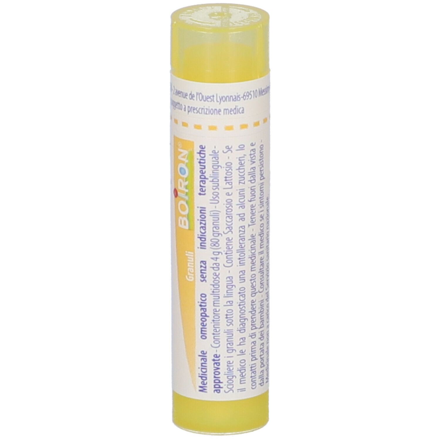 Tubo giallo di granuli con etichetta bianca. Scritta: Ipeca 4 ch, Boiron. Granuli.