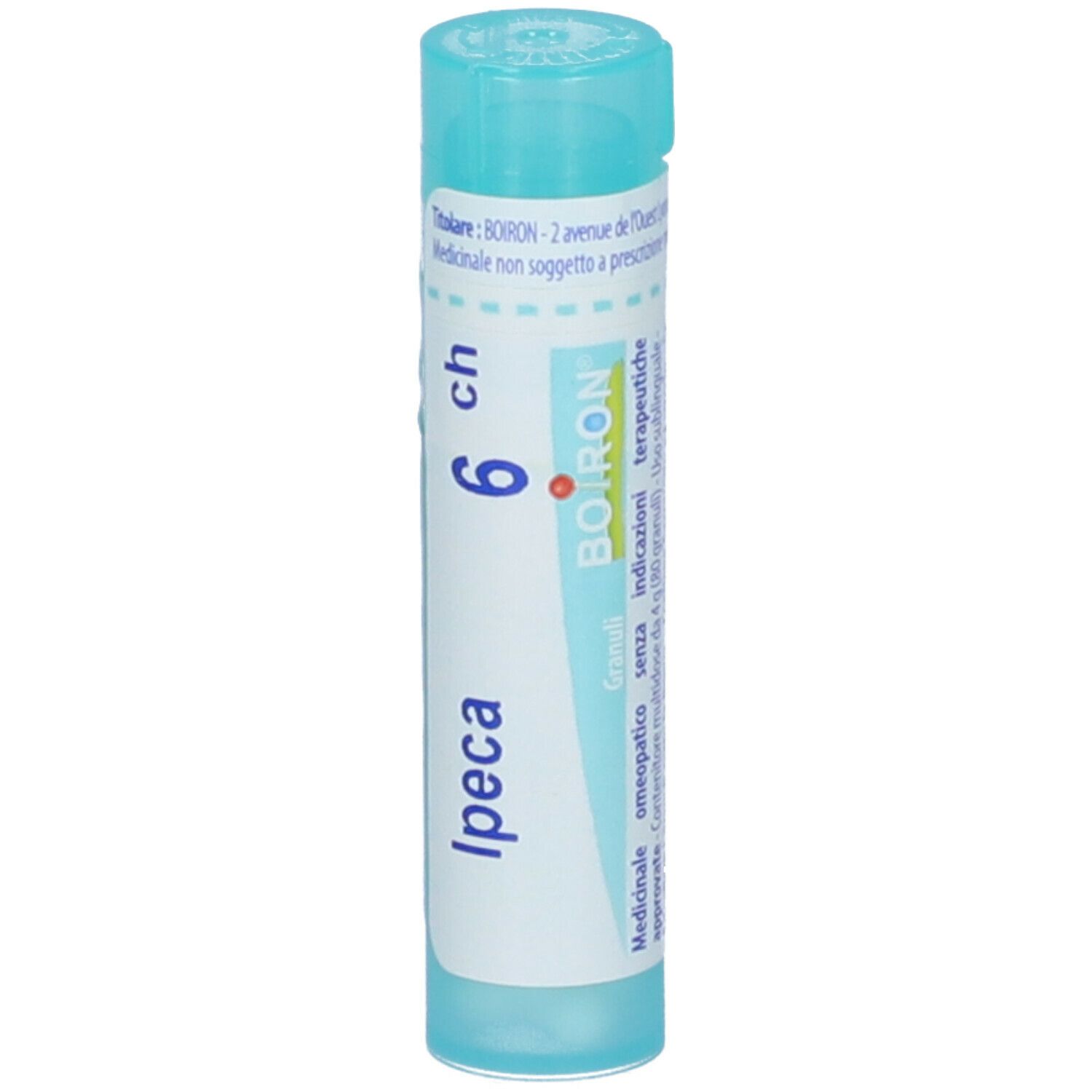 Tubo cilindrico con Ipeca 6 ch e logo Boiron. Colori turchese e bianco. Contiene granuli.