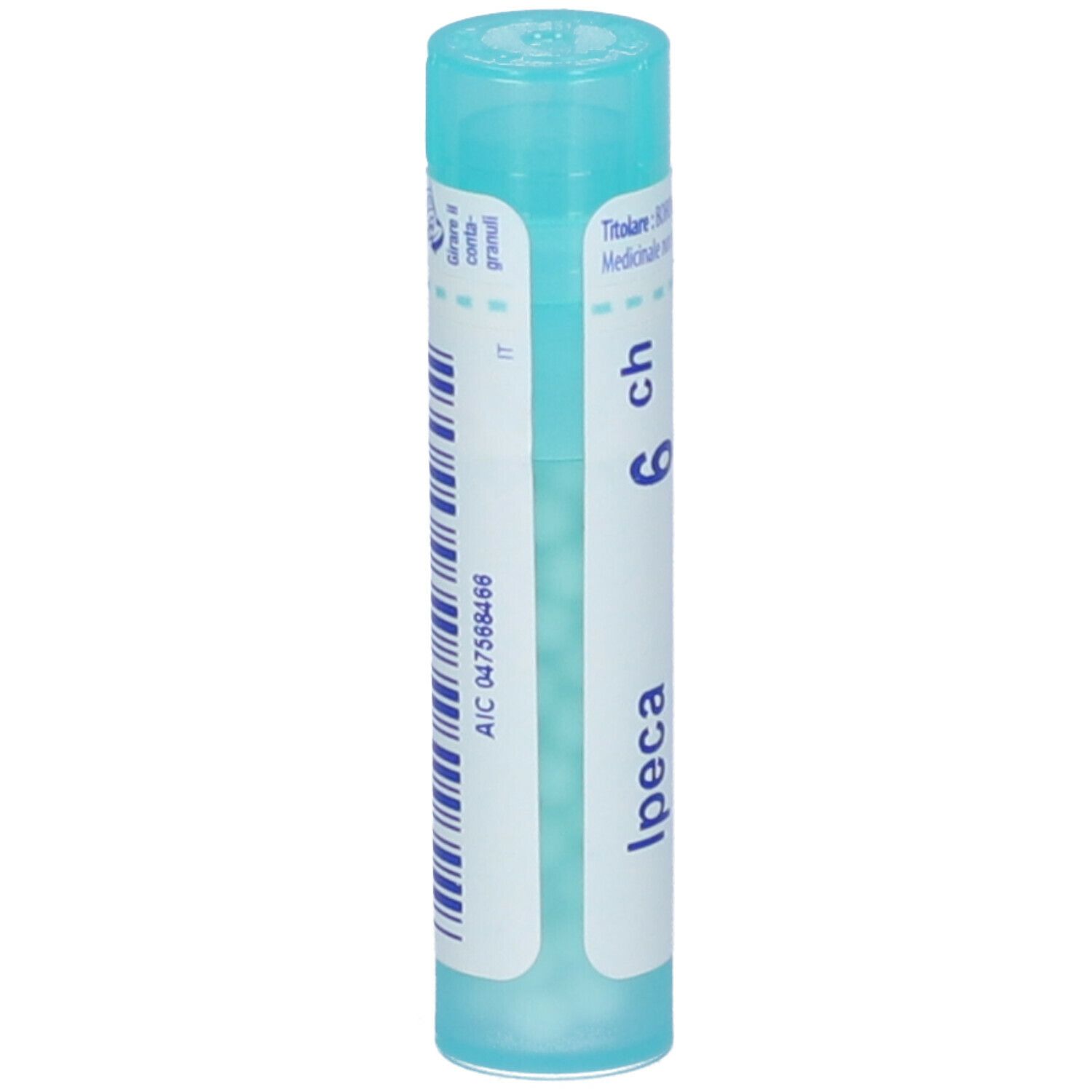 Tubo cilindrico con Ipeca 6 ch e logo Boiron. Colori turchese e bianco. Con codice a barre e codice AIC.