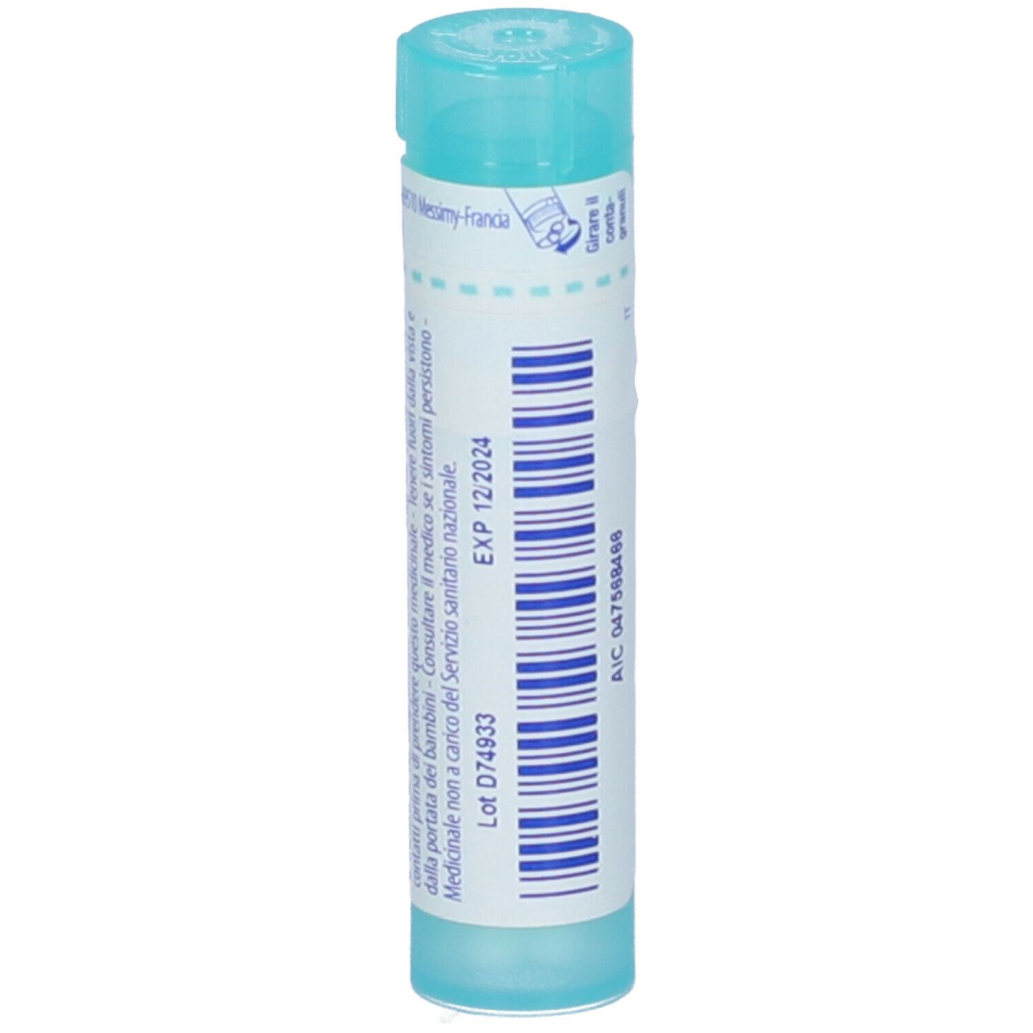 Tubo cilindrico con Ipeca 6 ch e logo Boiron. Colori turchese e bianco. Con data di scadenza.