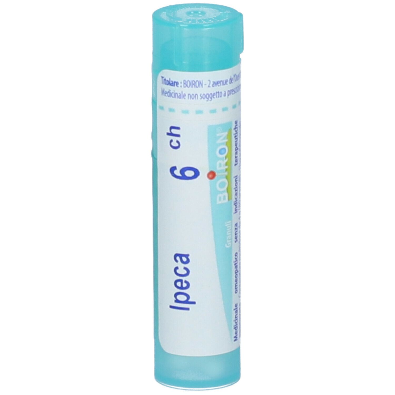 Tubo cilindrico con Ipeca 6 ch e logo Boiron. Colori turchese e bianco. Contiene granuli.