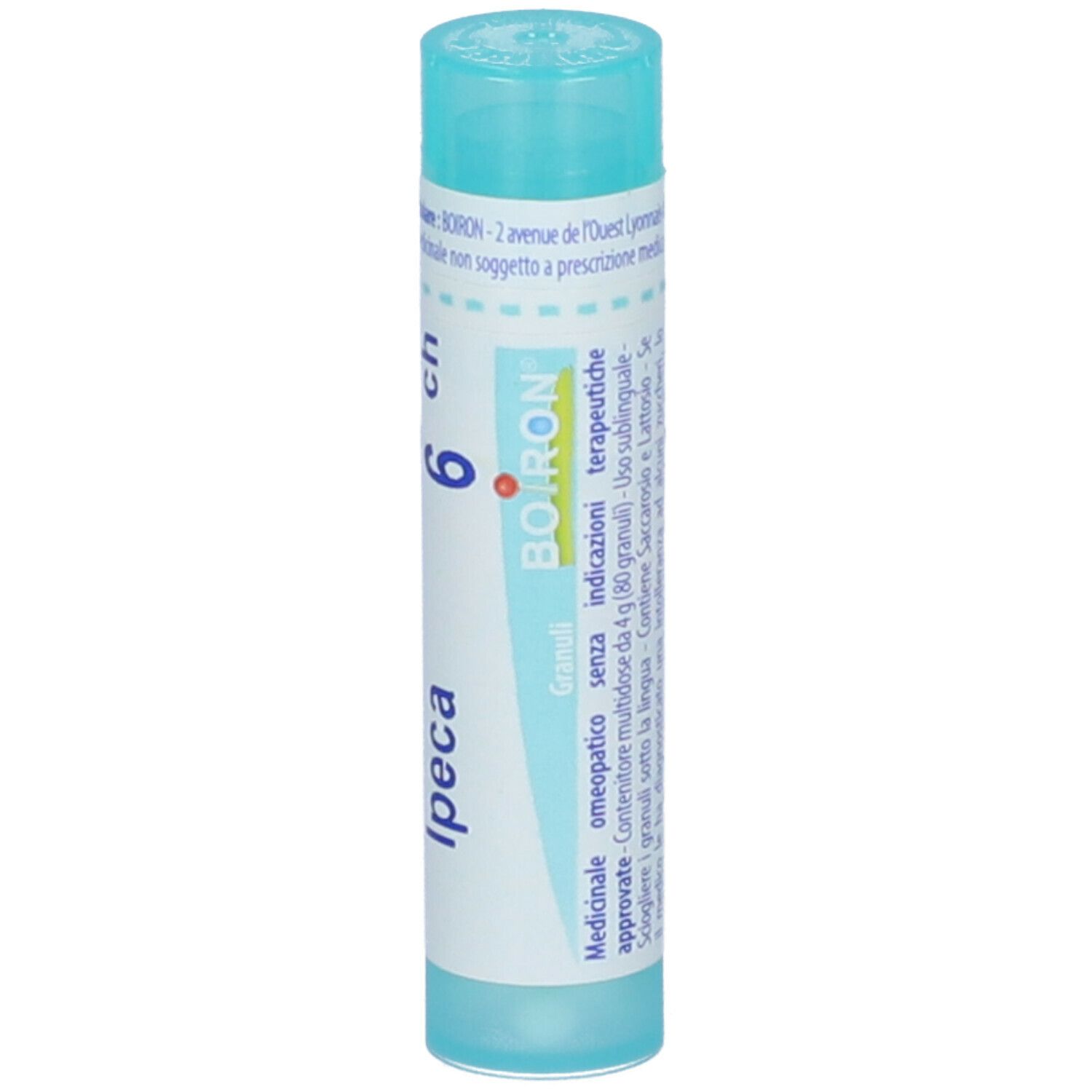 Tubo cilindrico con Ipeca 6 ch e logo Boiron. Colori turchese e bianco. Contiene granuli.