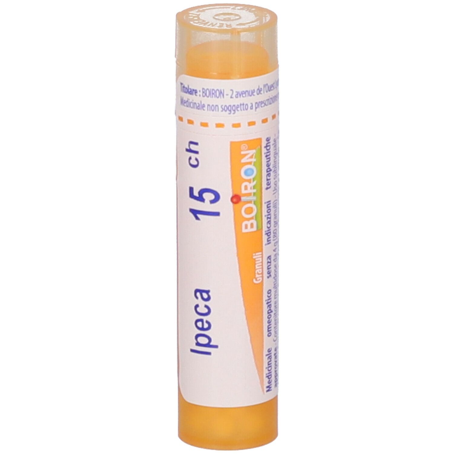 Tubo giallo con tappo trasparente. Scritta: Ipeca 15 ch, BOIRON. Etichetta con informazioni prodotto.