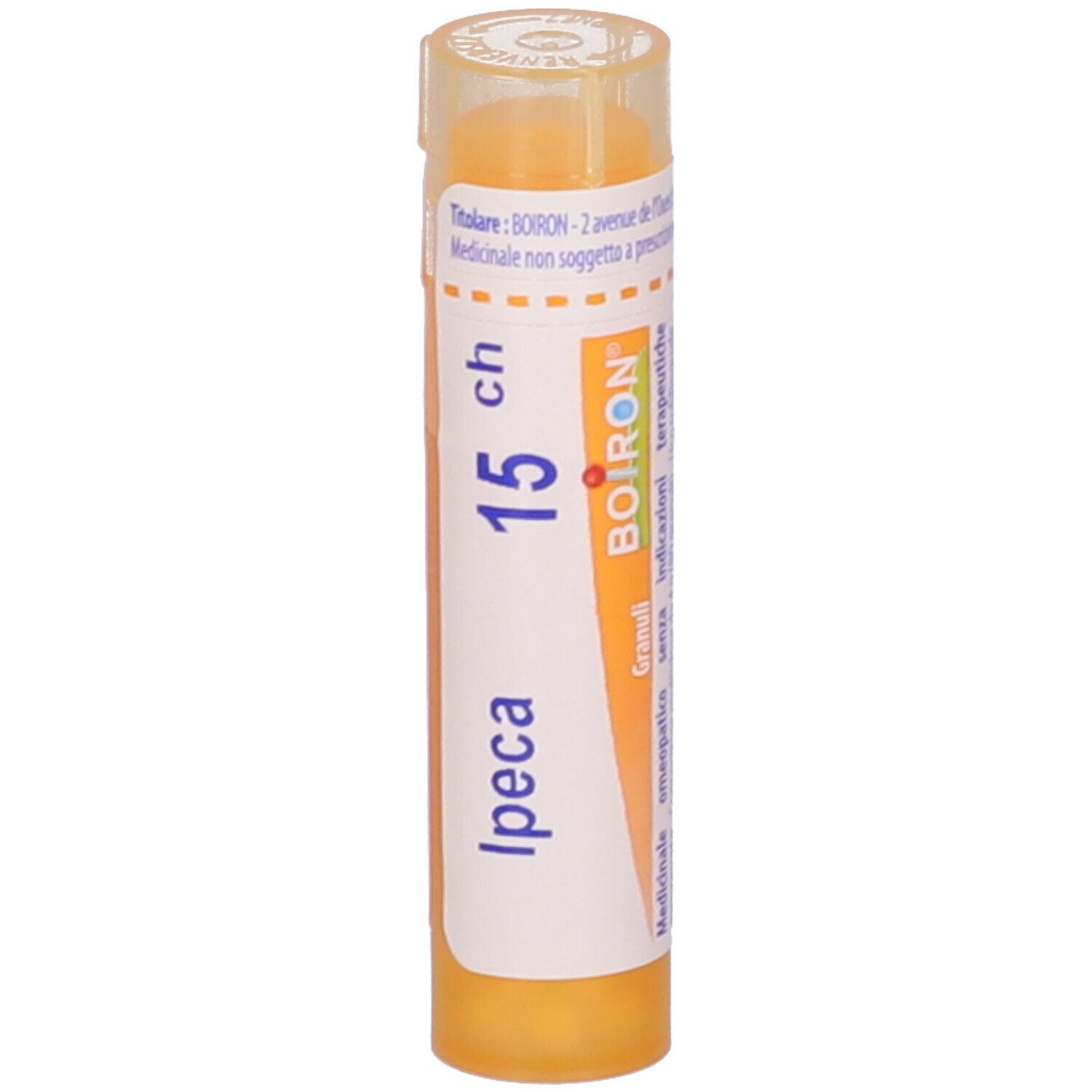 Tubo giallo con tappo trasparente. Scritta: Ipeca 15 ch, BOIRON. Etichetta con informazioni prodotto.