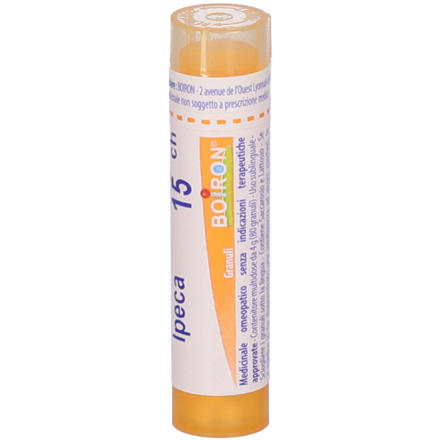 Tubo giallo con tappo trasparente. Scritta: Ipeca 15 ch, BOIRON. Etichetta con informazioni prodotto.