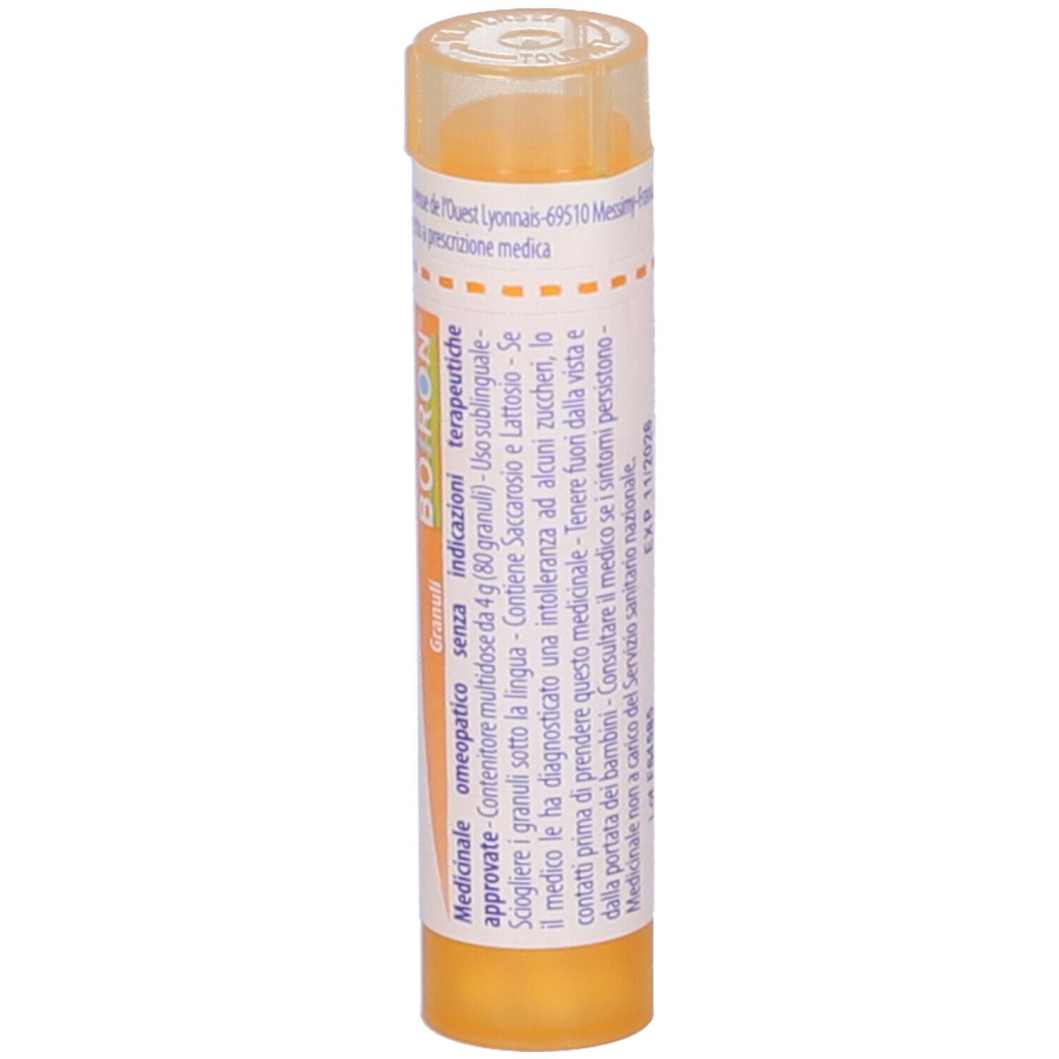 Tubo giallo con tappo trasparente. Scritta: Ipeca 15 ch, BOIRON. Etichetta con informazioni prodotto.