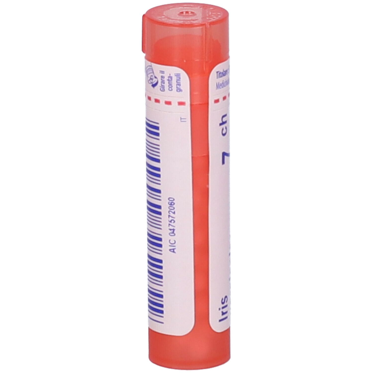 Confezione cilindrica rosa. Scritta: Iris, 7 ch. Etichetta bianca con codice a barre.