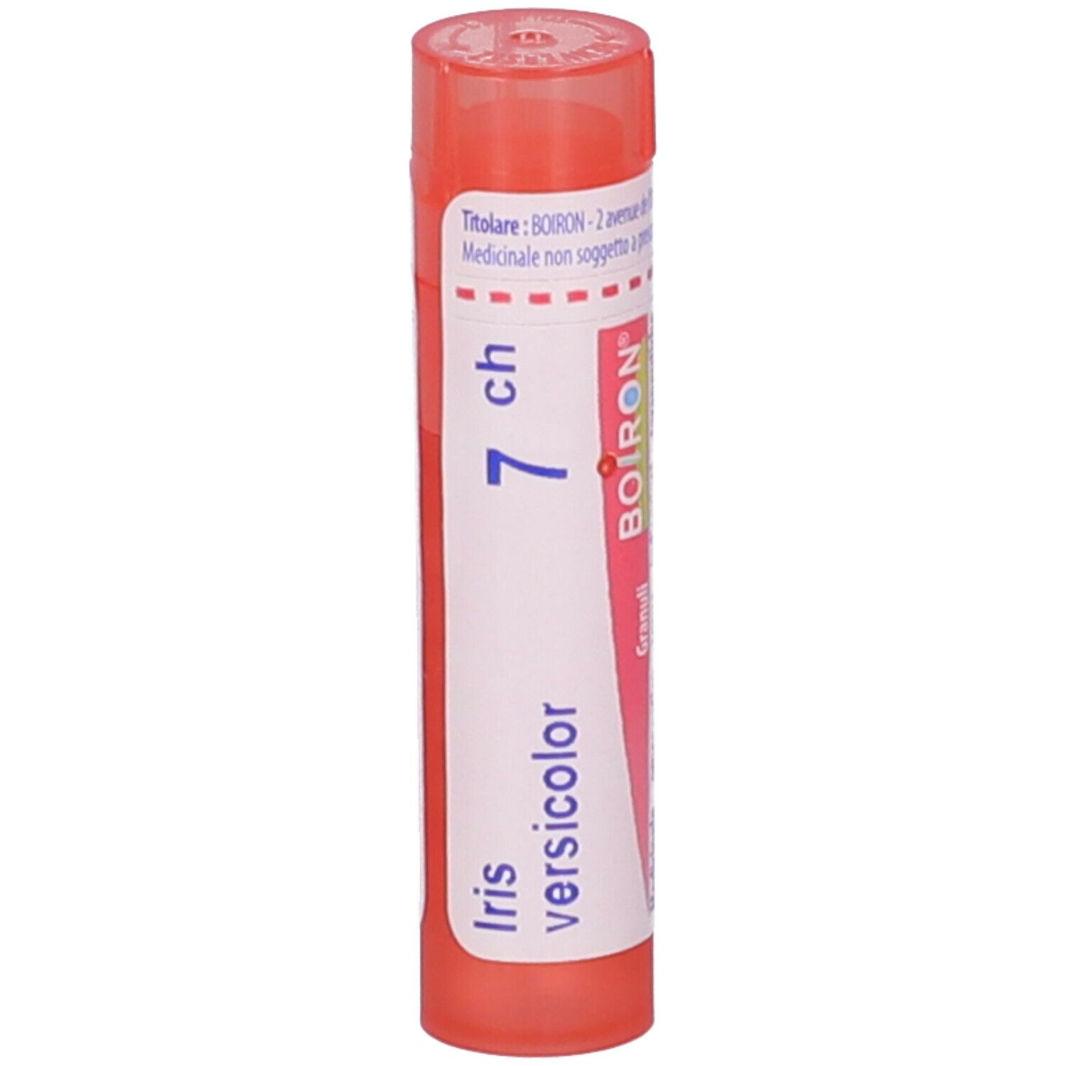 Confezione cilindrica rosa. Scritta: Iris, 7 ch. Etichetta bianca con codice a barre.