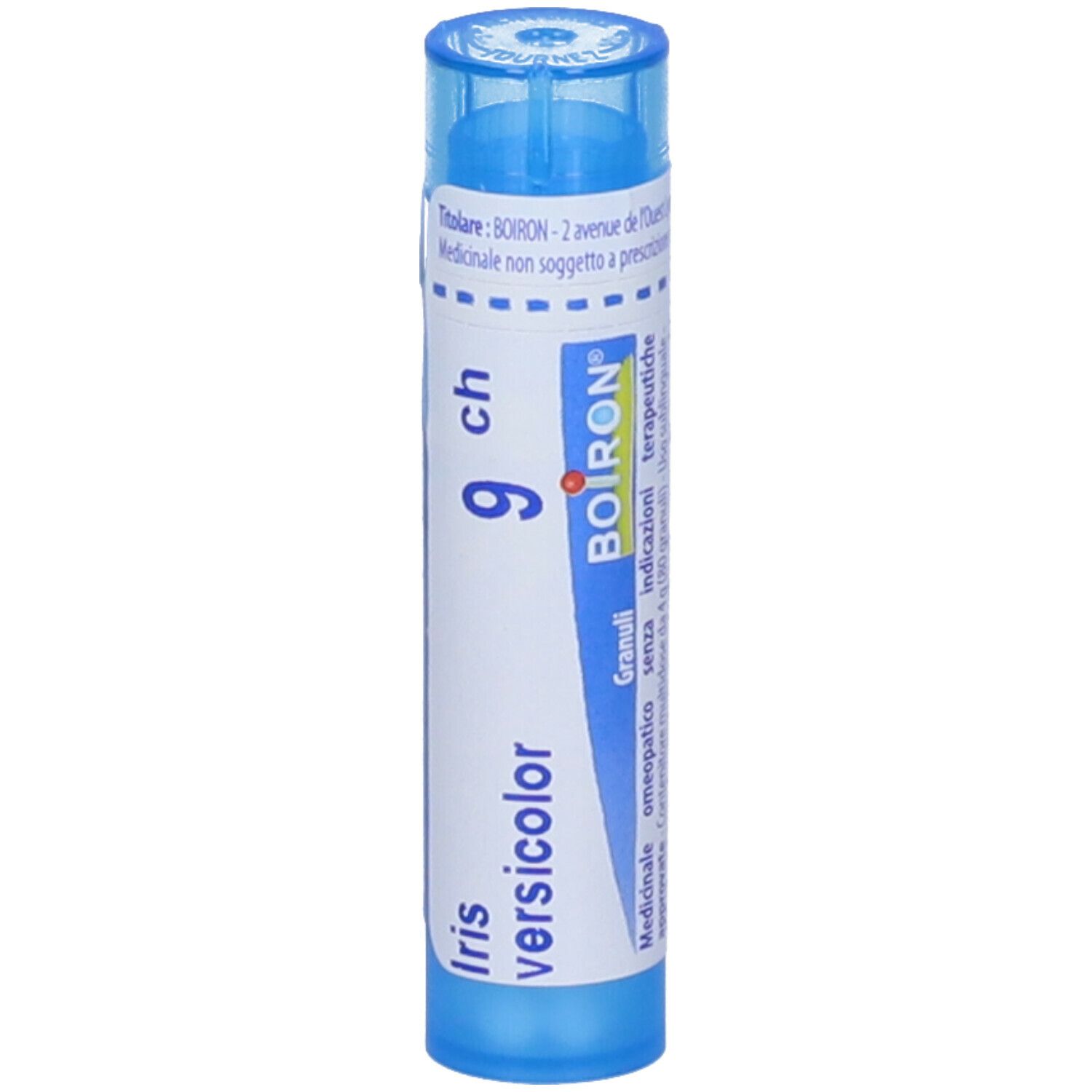 Contenitore azzurro con tappo blu. Scritte: Iris versicolor, 9 ch, BOIRON, Granuli. Etichetta con informazioni.