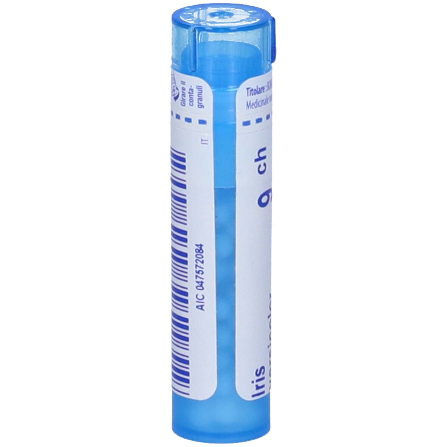 Contenitore azzurro con tappo blu. Scritte: Iris versicolor, 9 ch, BOIRON, Granuli. Etichetta con informazioni.