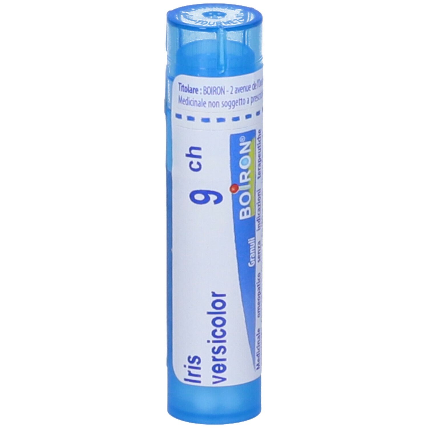 Contenitore azzurro con tappo blu. Scritte: Iris versicolor, 9 ch, BOIRON, Granuli. Etichetta con informazioni.