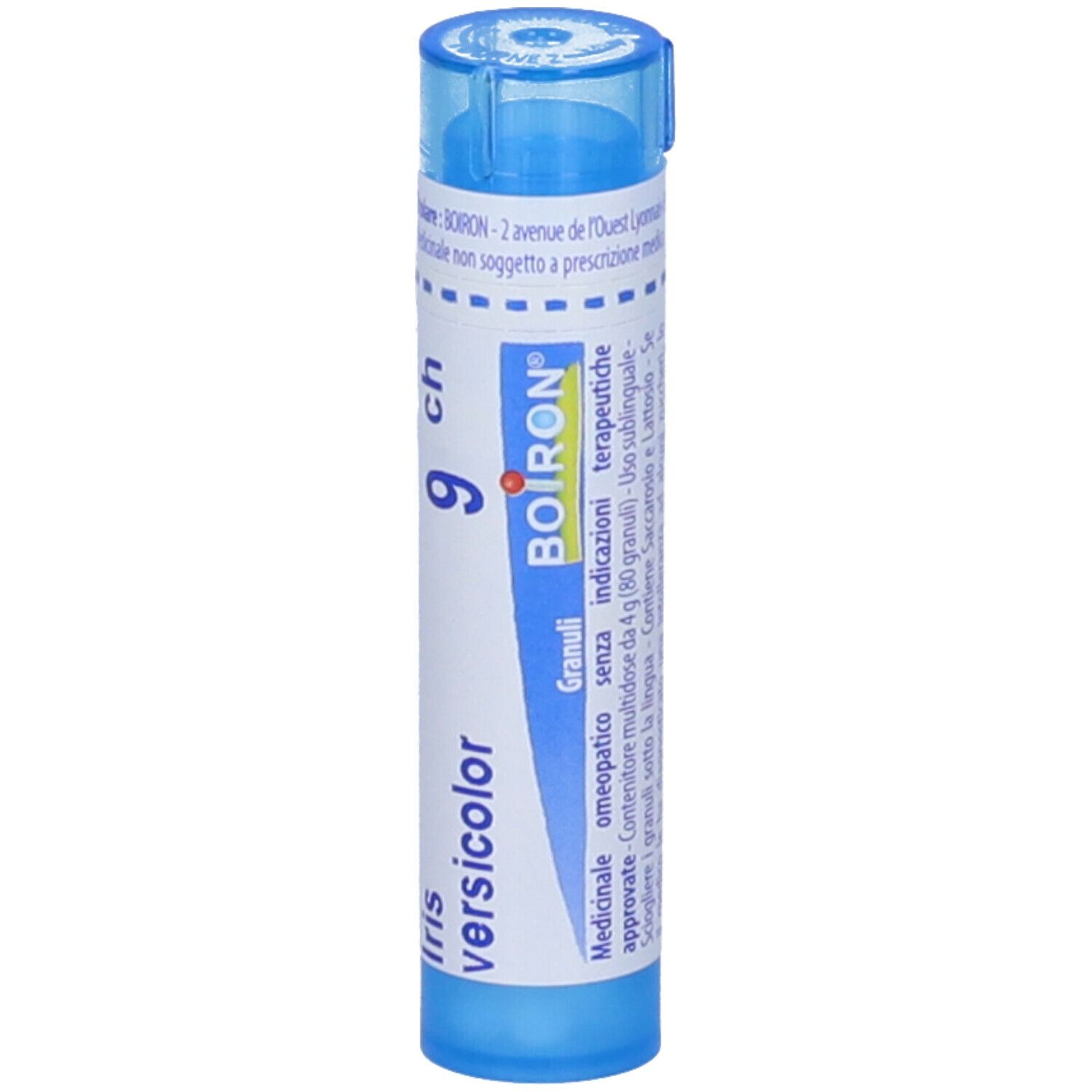 Contenitore azzurro con tappo blu. Scritte: Iris versicolor, 9 ch, BOIRON, Granuli. Etichetta con informazioni.