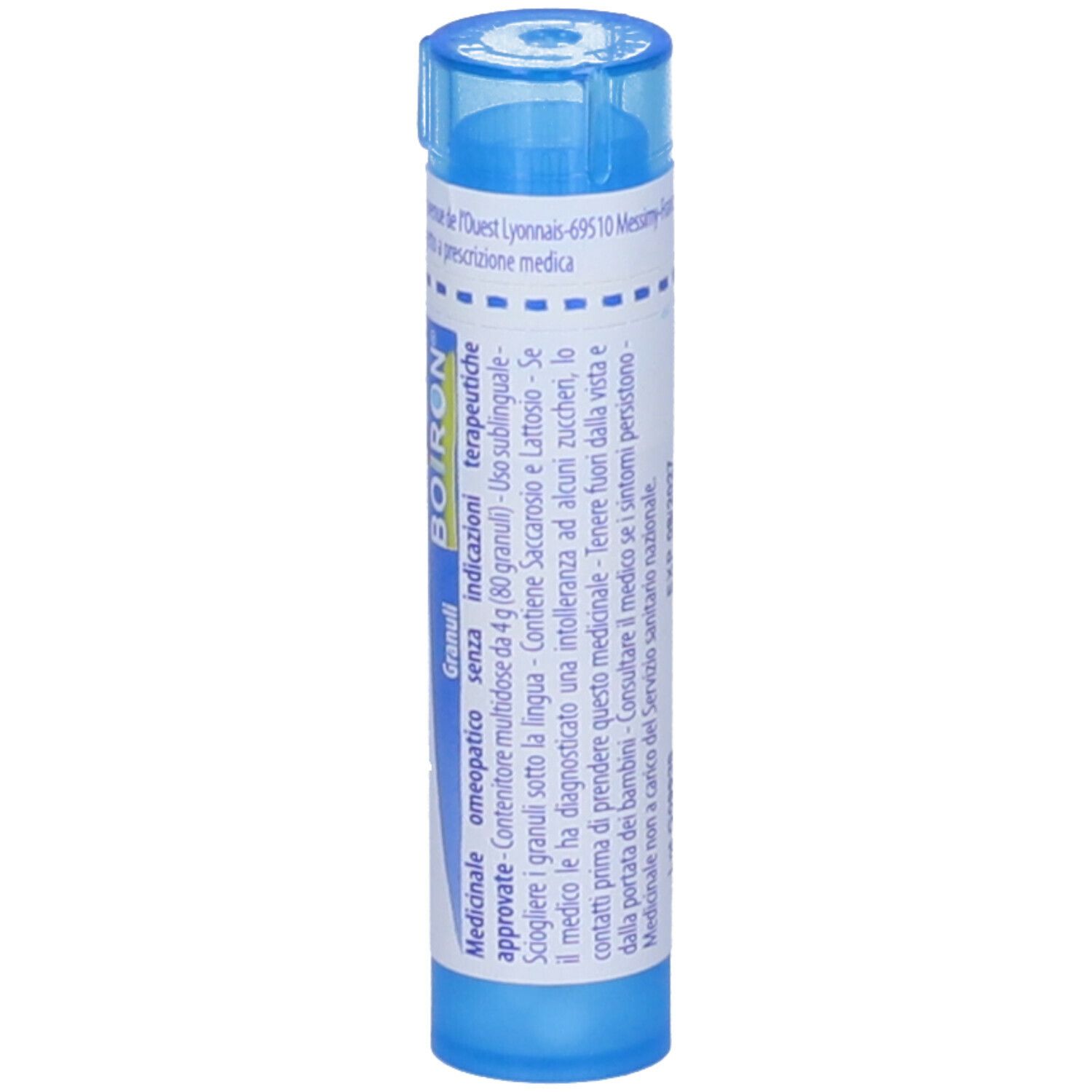 Contenitore azzurro con tappo blu. Scritte: Iris versicolor, 9 ch, BOIRON, Granuli. Etichetta con informazioni.