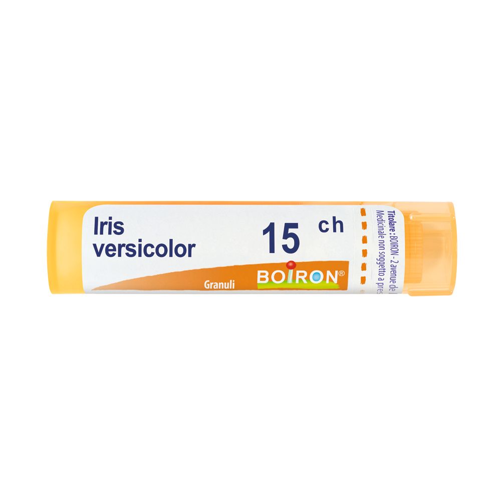 Confezione cilindrica gialla con 'Iris versicolor 15 ch' e 'BOIRON'. Granuli.