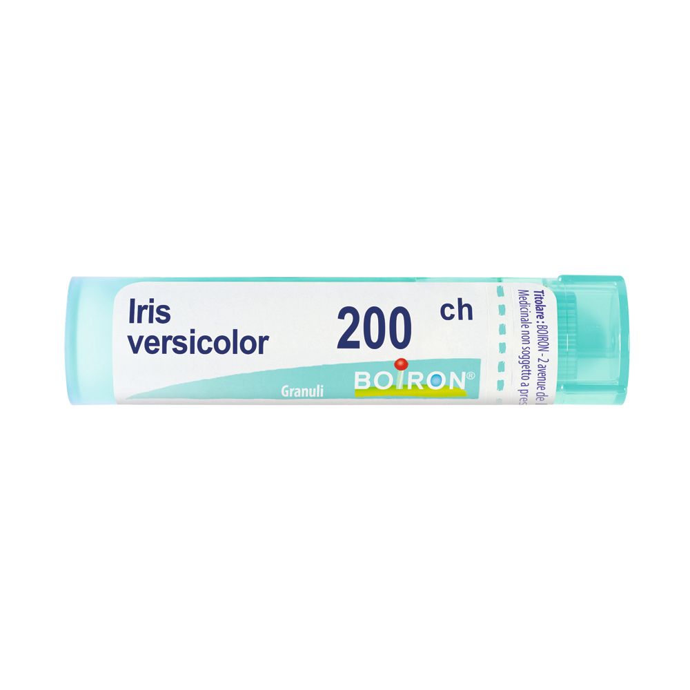 Confezione cilindrica con "Iris versicolor 200 ch" e logo Boiron. Granuli.