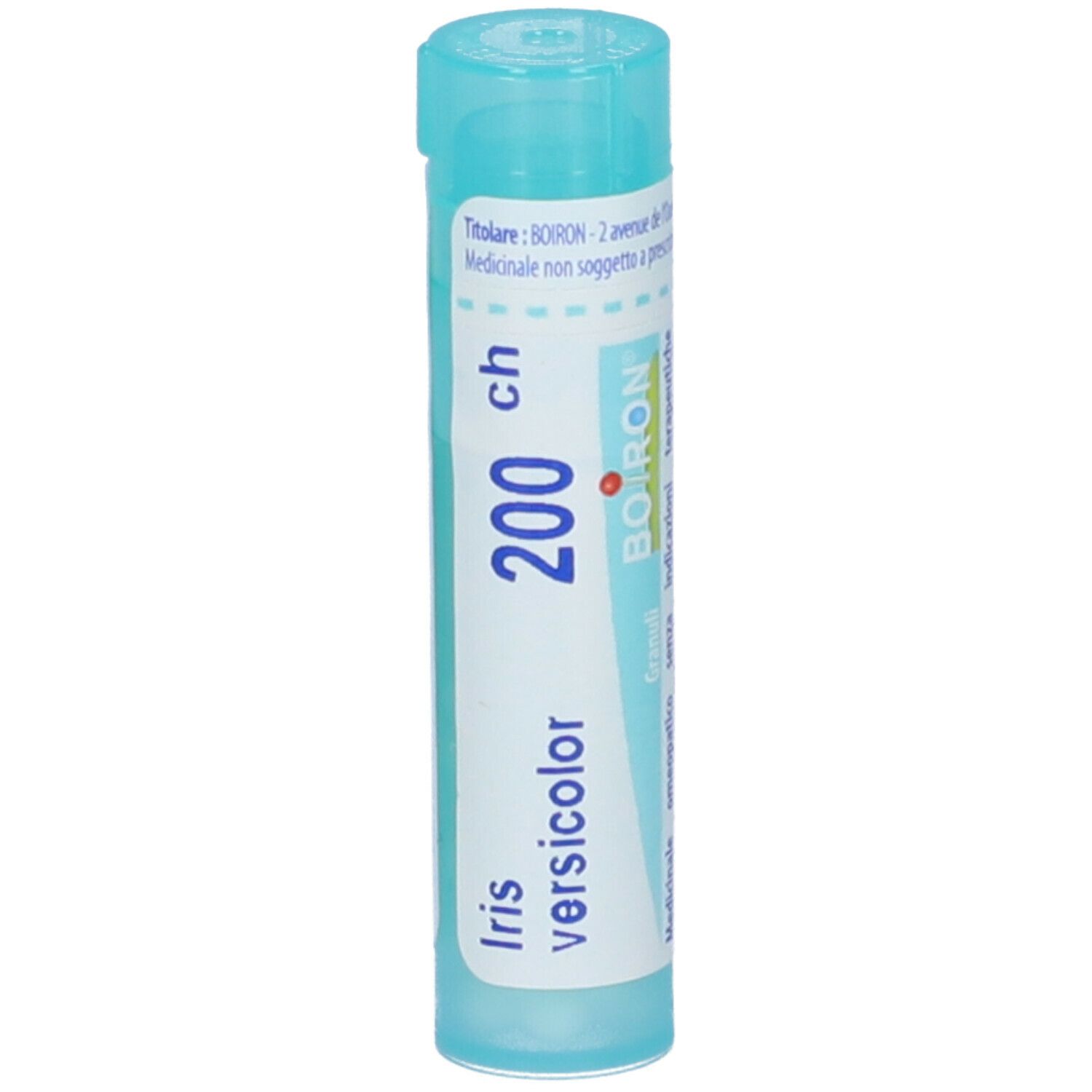 Confezione cilindrica con "Iris versicolor 200 ch" e logo Boiron. Tappo turchese.
