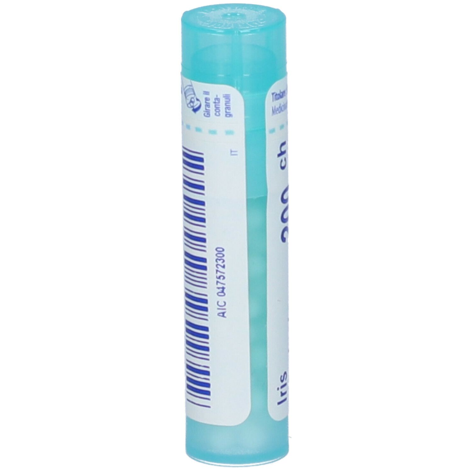 Confezione cilindrica con "Iris versicolor 200 ch". Codice a barre e testo stampati. Tappo turchese.