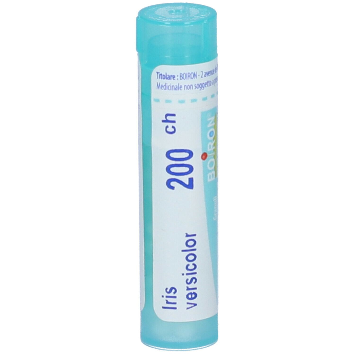 Confezione cilindrica con "Iris versicolor 200 ch" e logo Boiron. Tappo turchese.