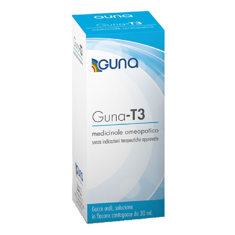 Scatola blu e bianca con logo Guna-T3. Testo: Guna-T3, medicinale omeopatico. Gocce in flacone contagocce da 30 ml.