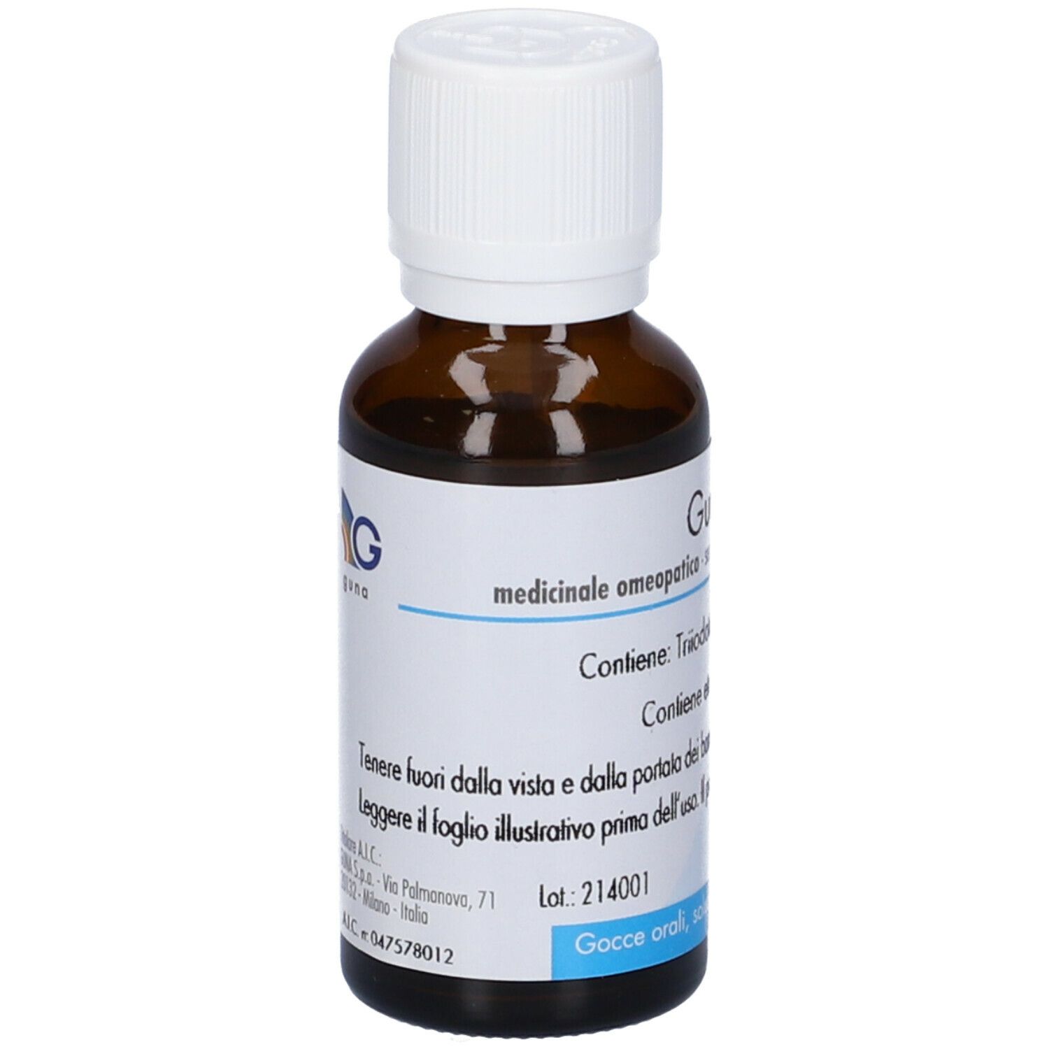 Flacone di vetro marrone con tappo bianco. Etichetta con testo: Guna, medicinale omeopatico. Gocce.
