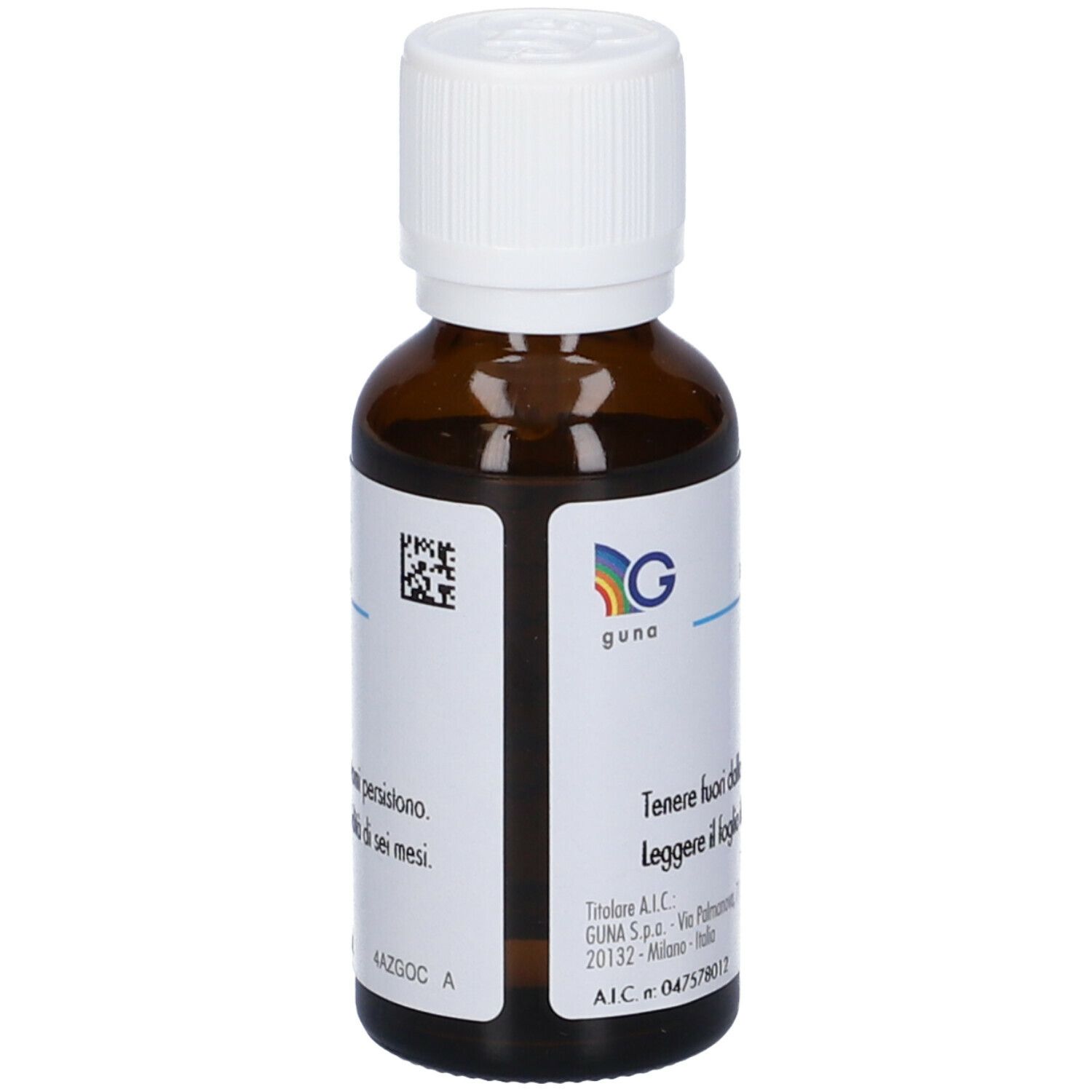 Flacone di vetro marrone con tappo bianco. Etichetta con testo: Guna, medicinale omeopatico. Codice QR.