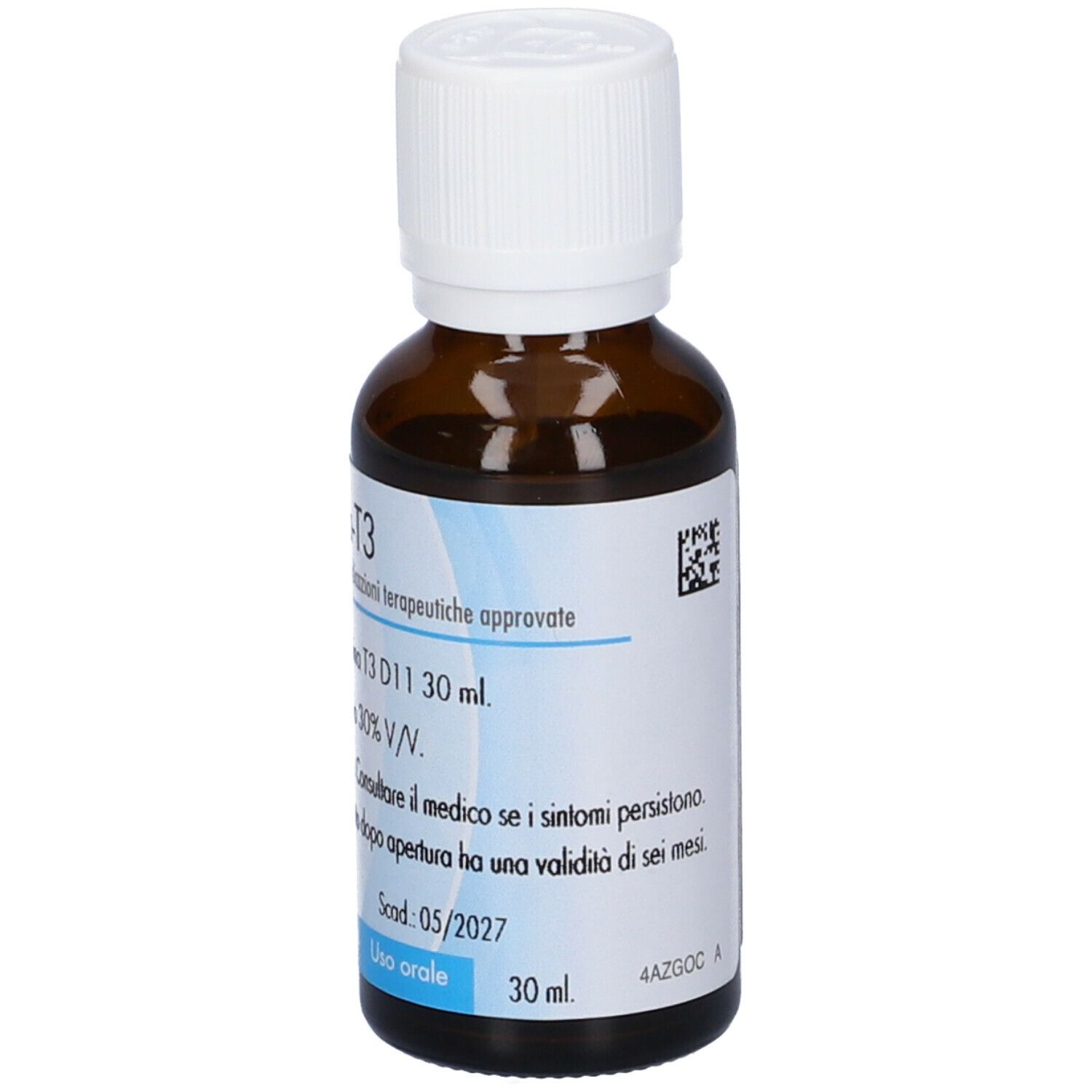 Flacone di vetro marrone con tappo bianco. Etichetta con testo: Guna-T3, medicinale omeopatico. 30 ml.