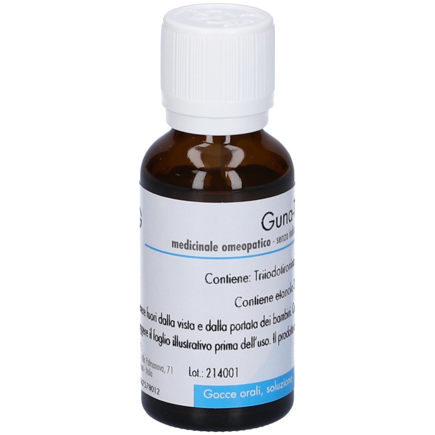 Flacone di vetro marrone con tappo bianco. Etichetta con testo: Guna, medicinale omeopatico. Gocce.