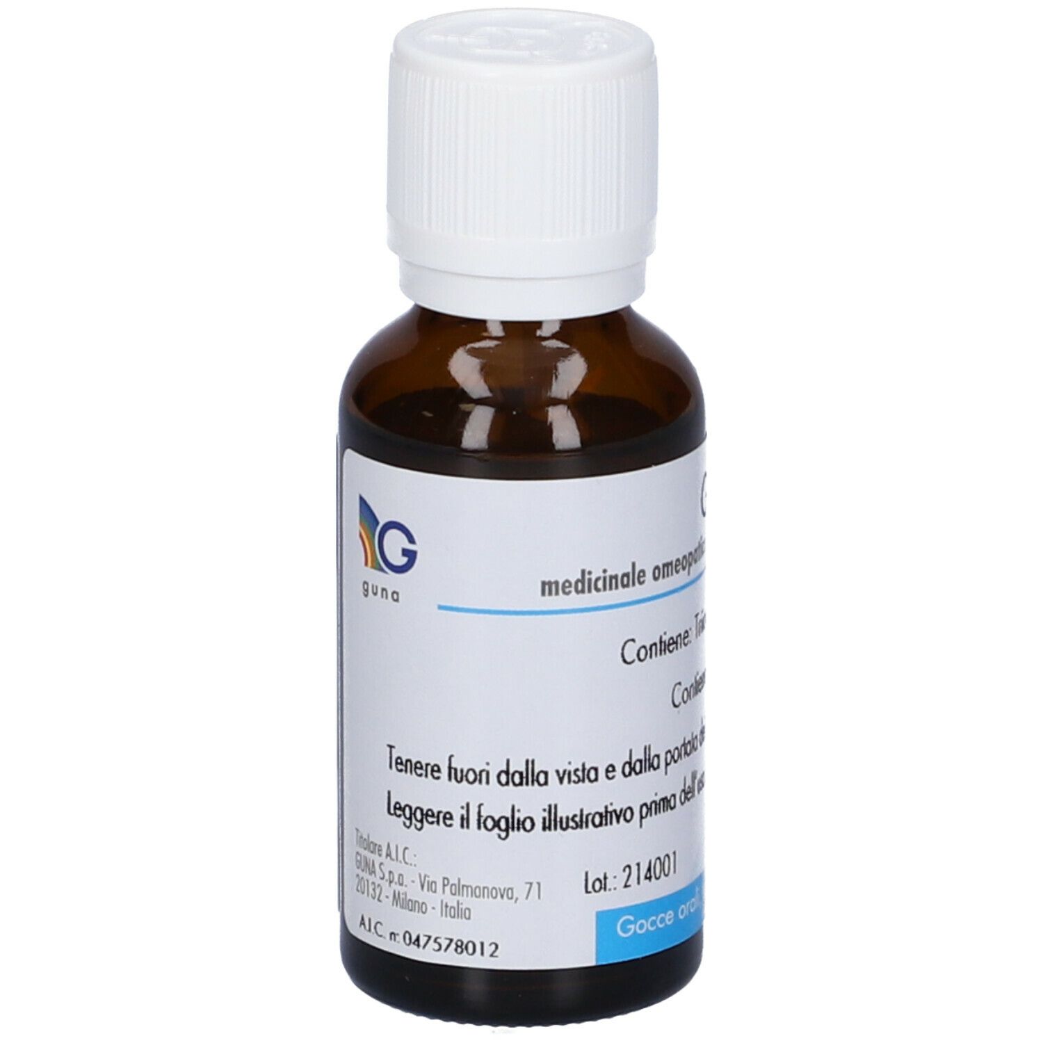 Flacone di vetro marrone con tappo bianco. Etichetta con testo: Guna, medicinale omeopatico. Gocce.