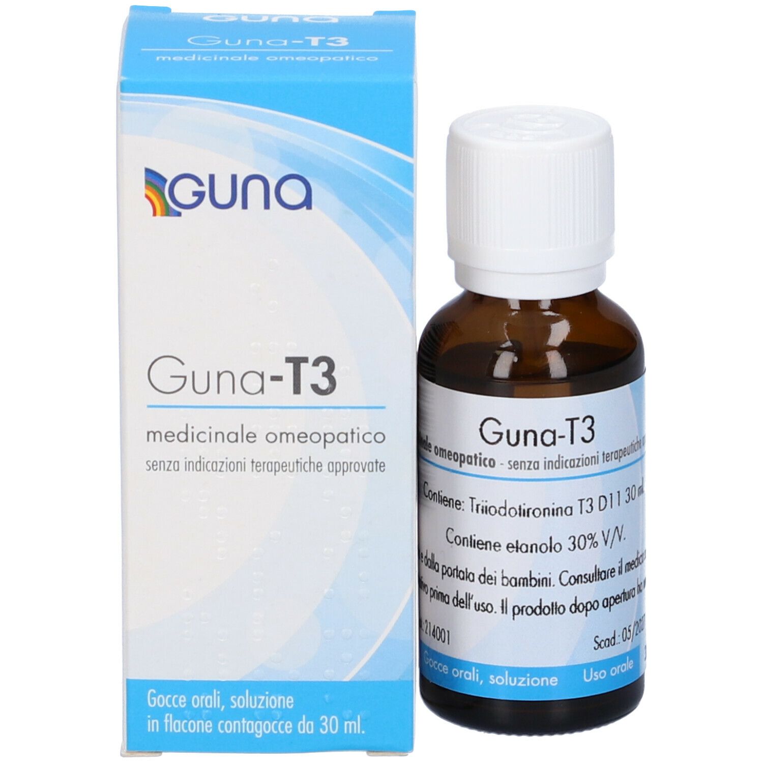 Flacone di vetro marrone e scatola. Scatola con logo Guna-T3. Flacone con tappo bianco.