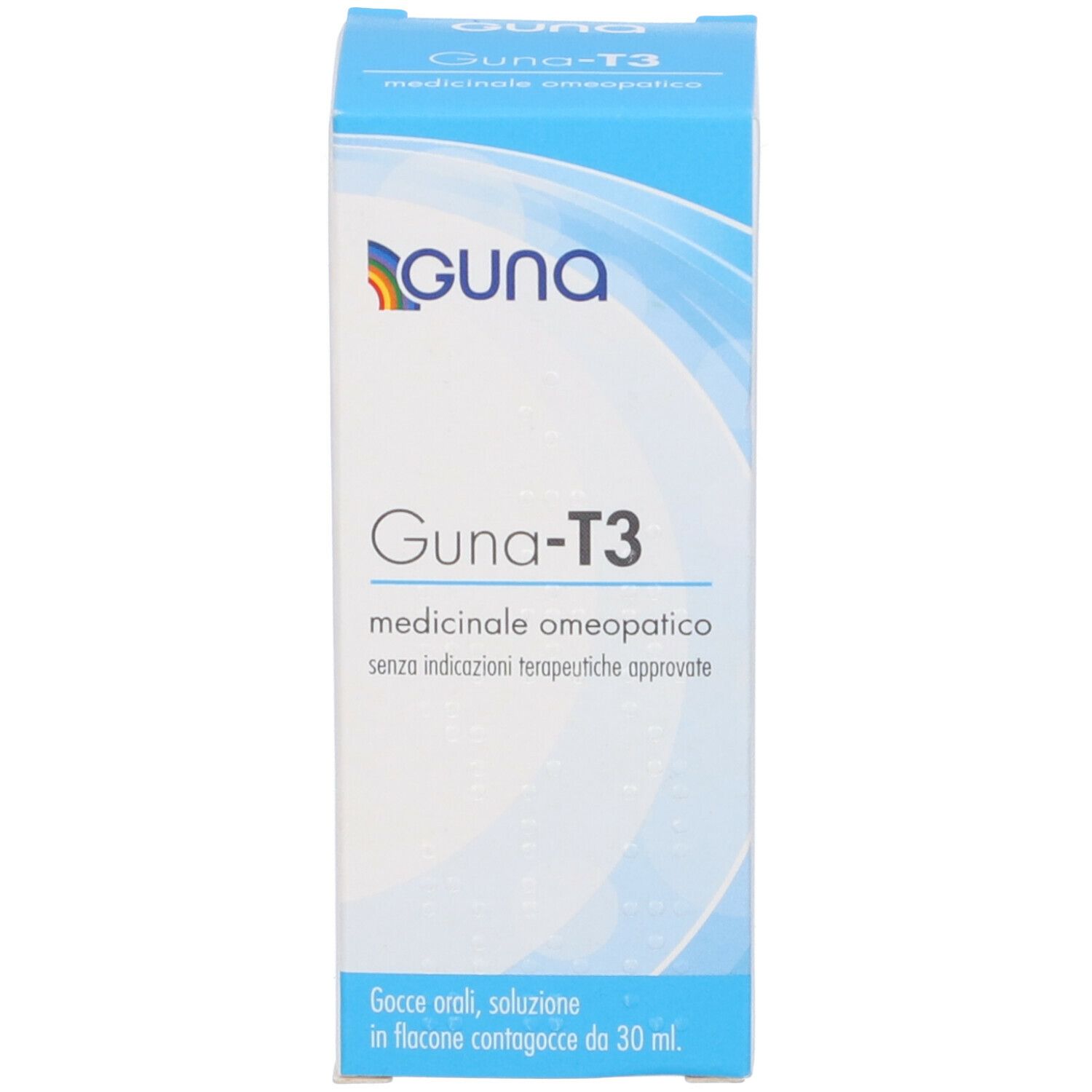 Scatola blu e bianca con logo Guna-T3. Testo: Guna-T3, medicinale omeopatico. Gocce in 30 ml.