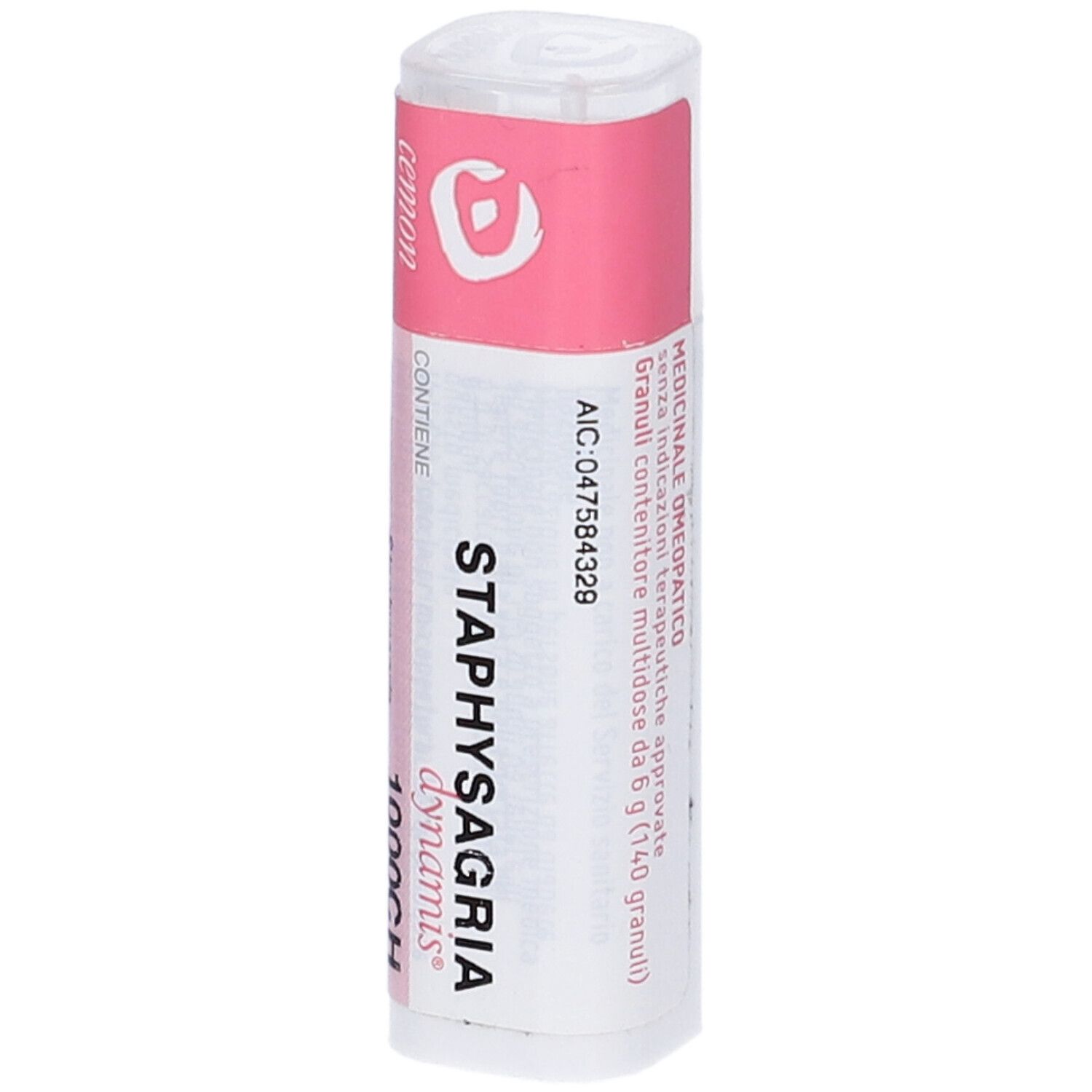 Flacone cilindrico con etichetta rosa. Scritte: STAPHYSAGRIA dynamis 1000CH. Coperchio bianco.