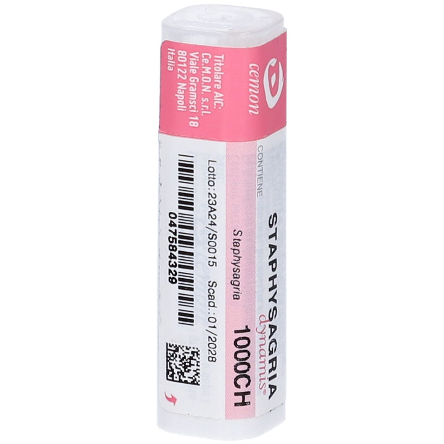 Flacone cilindrico con etichetta rosa. Scritte: STAPHYSAGRIA dynamis 1000CH. Codice a barre e informazioni.
