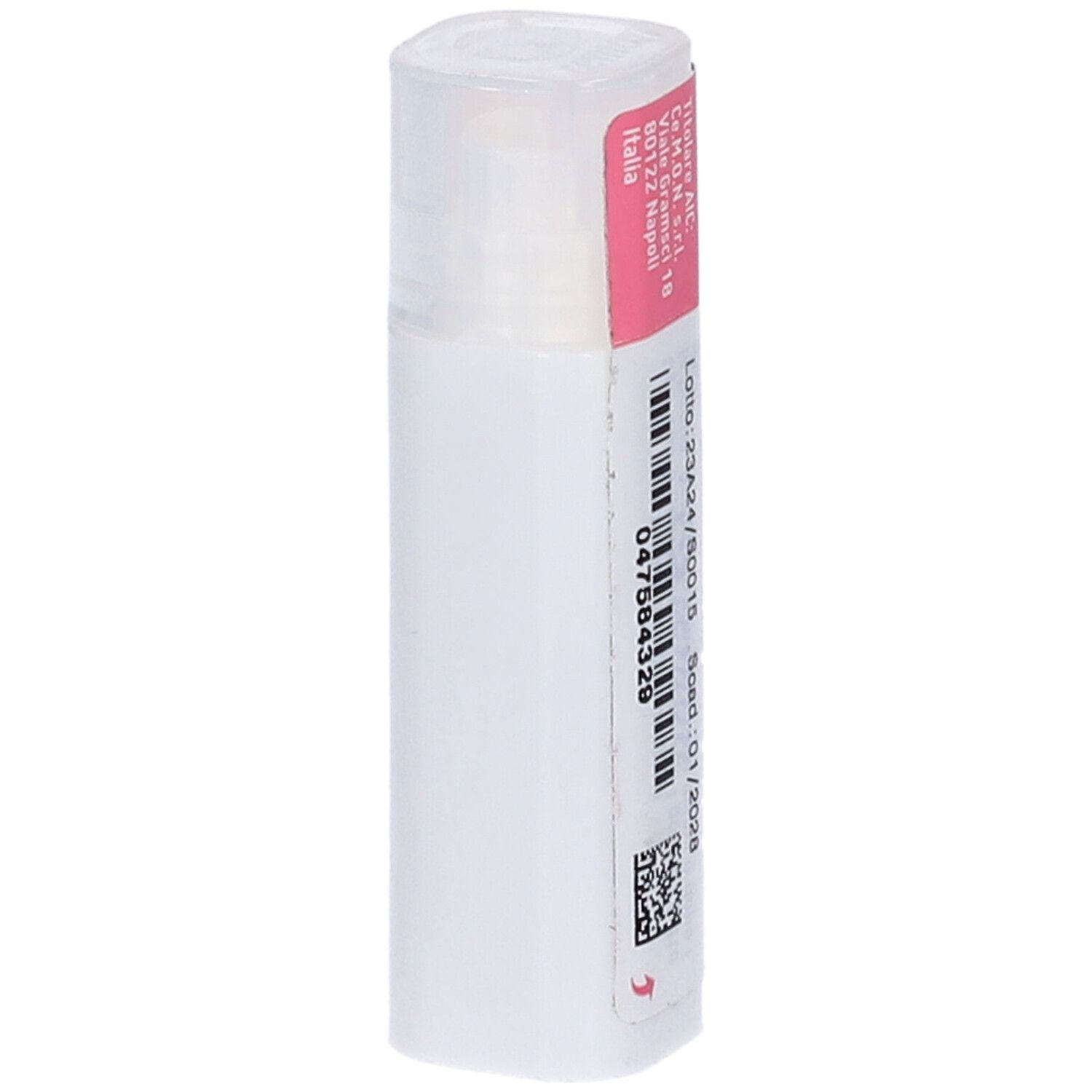 Flacone cilindrico con etichetta rosa. Codice a barre e informazioni. Coperchio bianco.